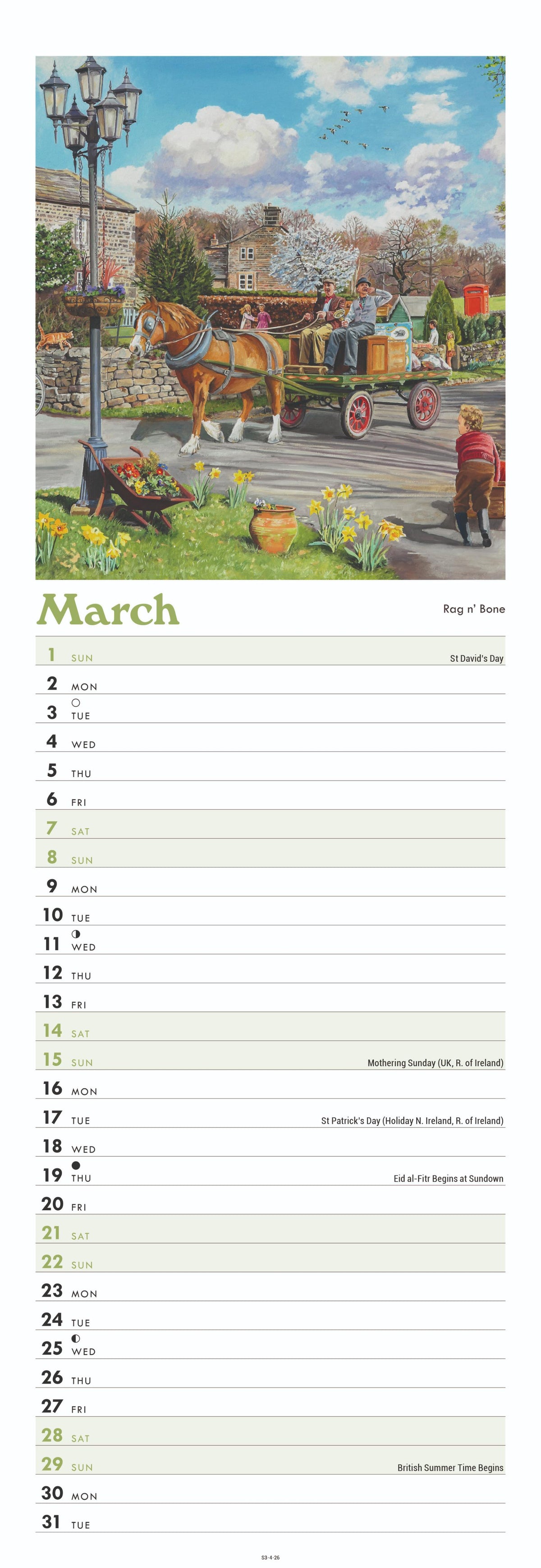 Calendar for March with a vintage-style illustration of a horse-drawn carriage in a town square.