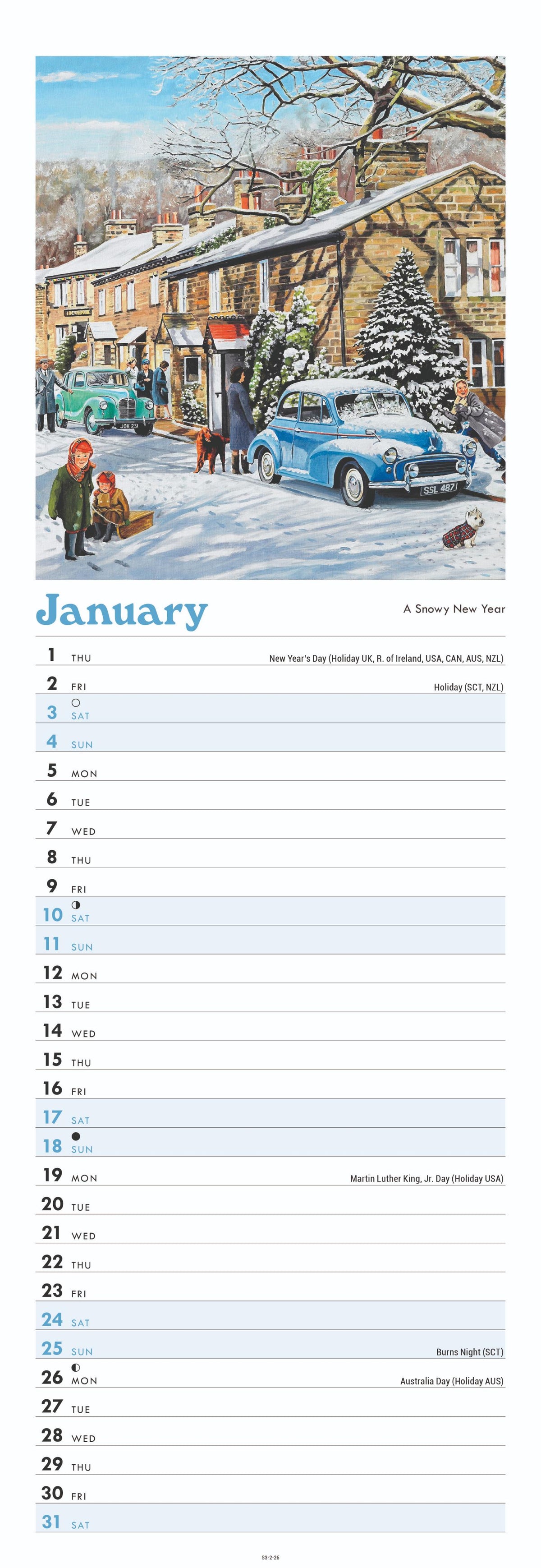 Calendar for January with a winter scene illustration of a snowy village.