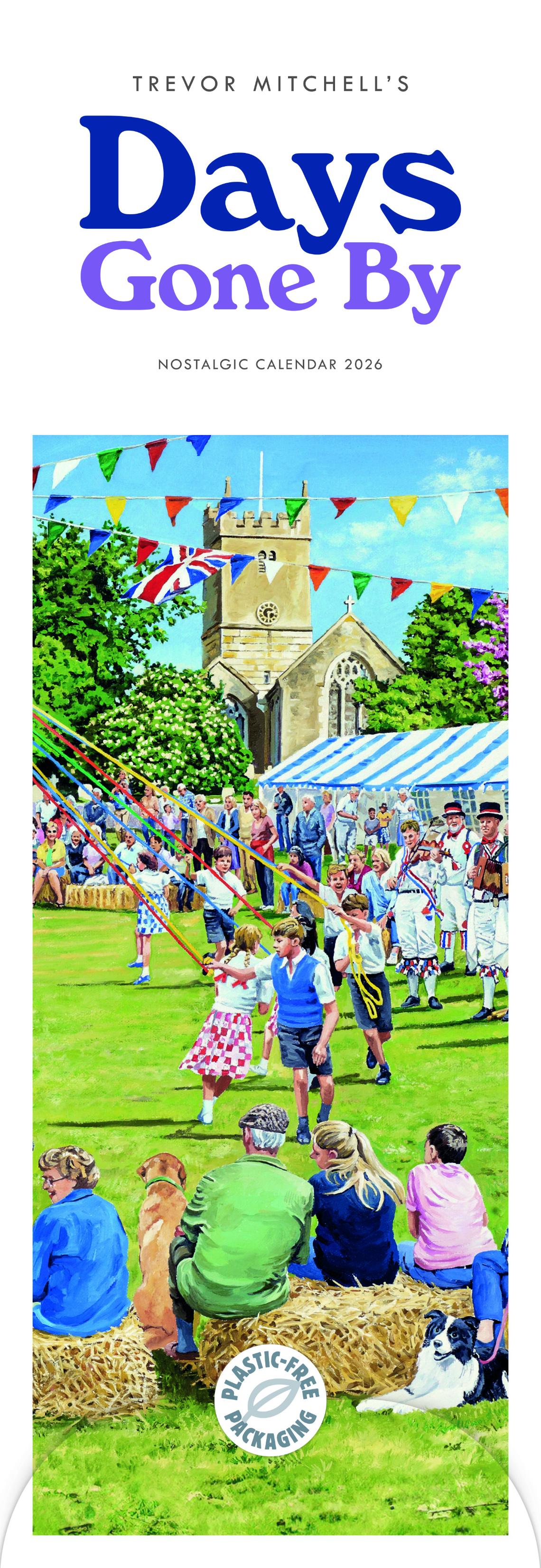 Calendar cover of &#39;Days Gone By&#39; with a colorful illustration of a village festival.