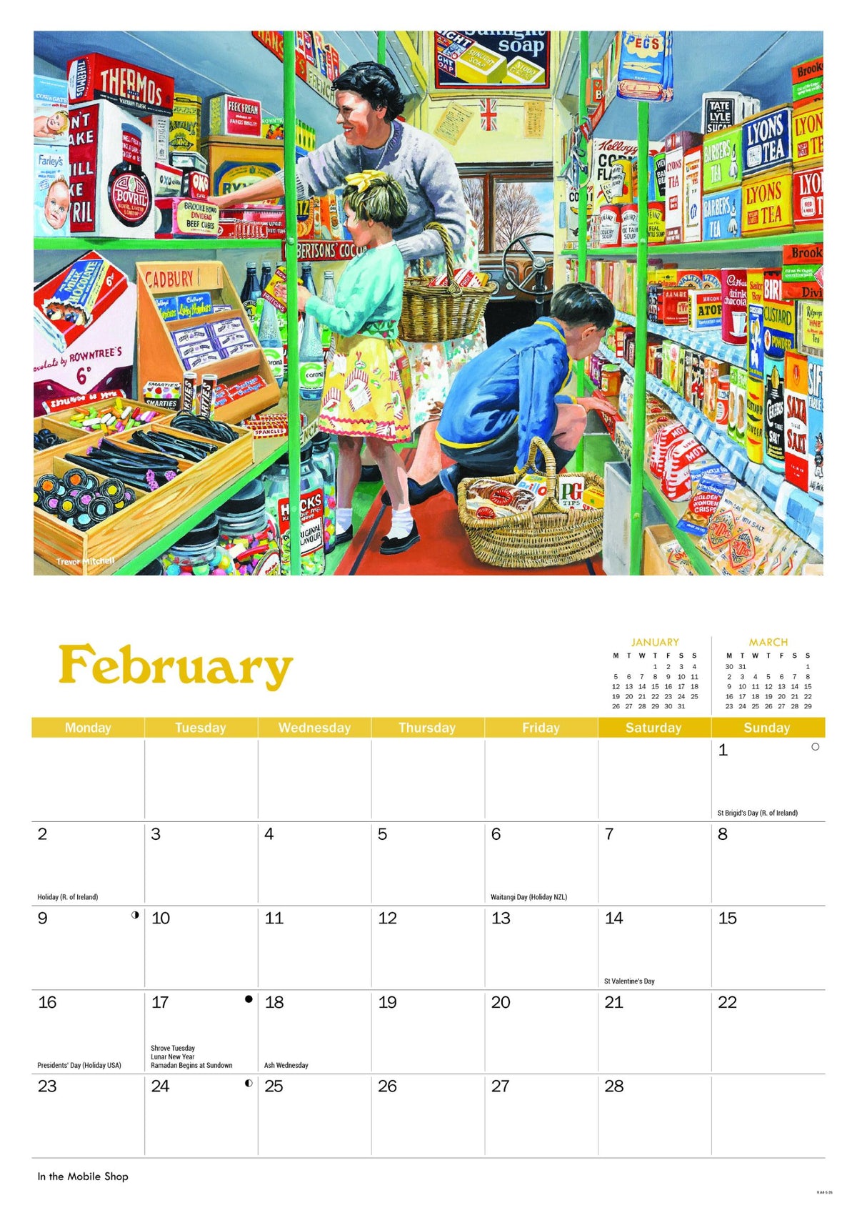 Calendar page for February showing a vintage-style grocery store scene.
