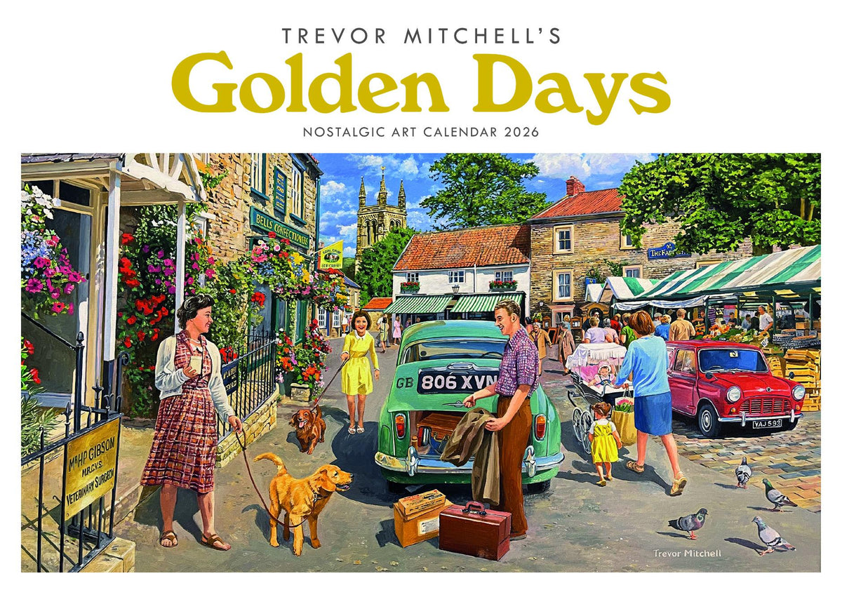Calendar cover featuring a village scene with people and cars, titled &#39;Trevor Mitchell&#39;s Golden Days&#39;.