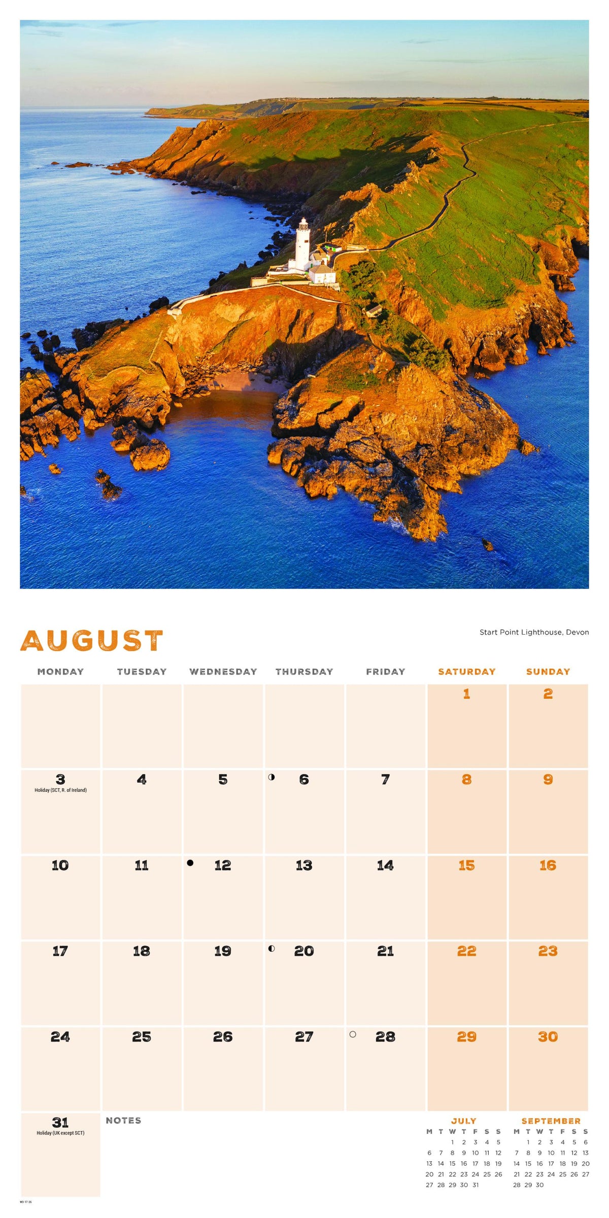 Calendar page for August showing a scenic coastal landscape with a lighthouse.