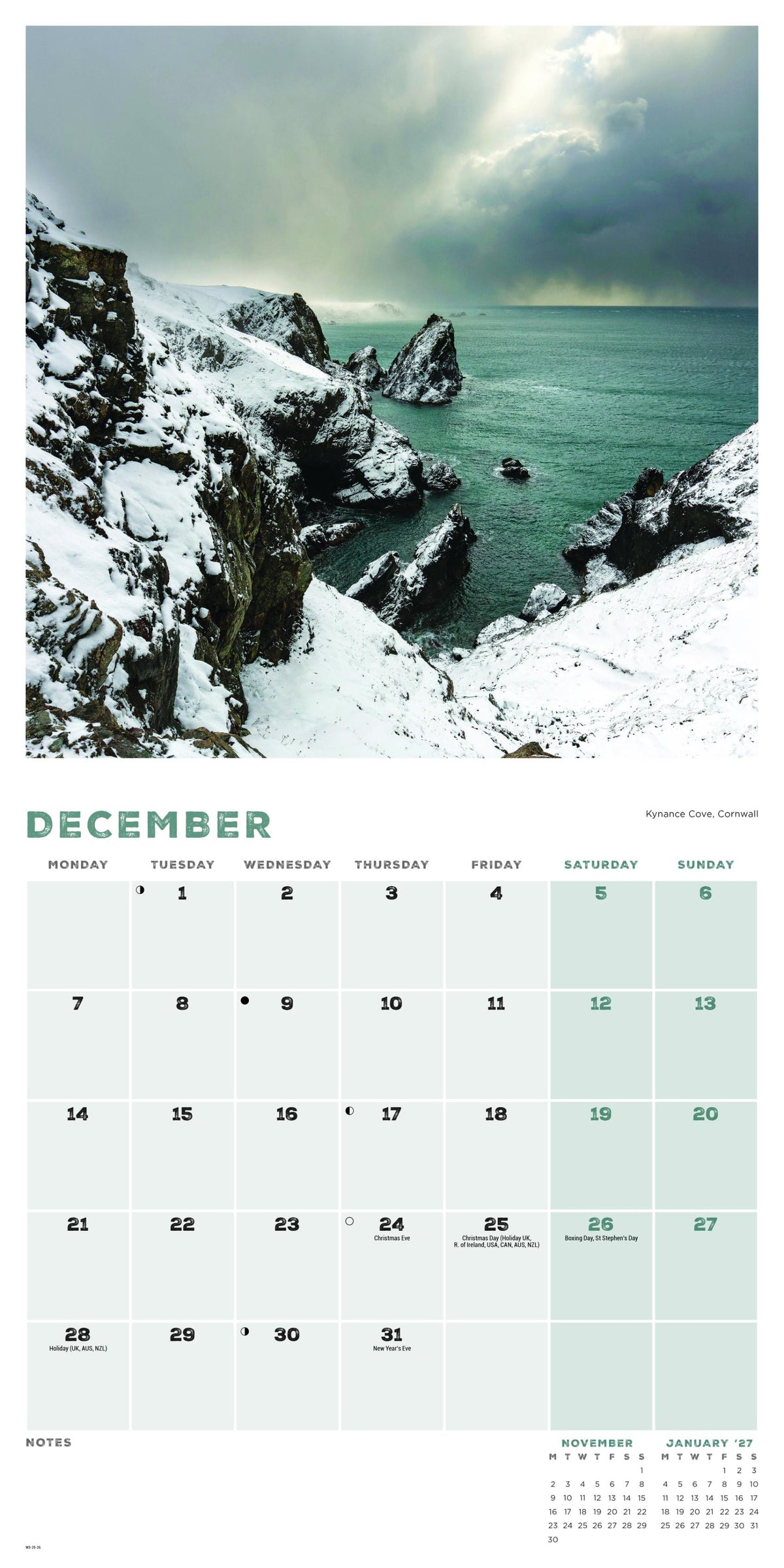 Calendar for December showing a scenic winter landscape with snow-covered cliffs and a body of water.