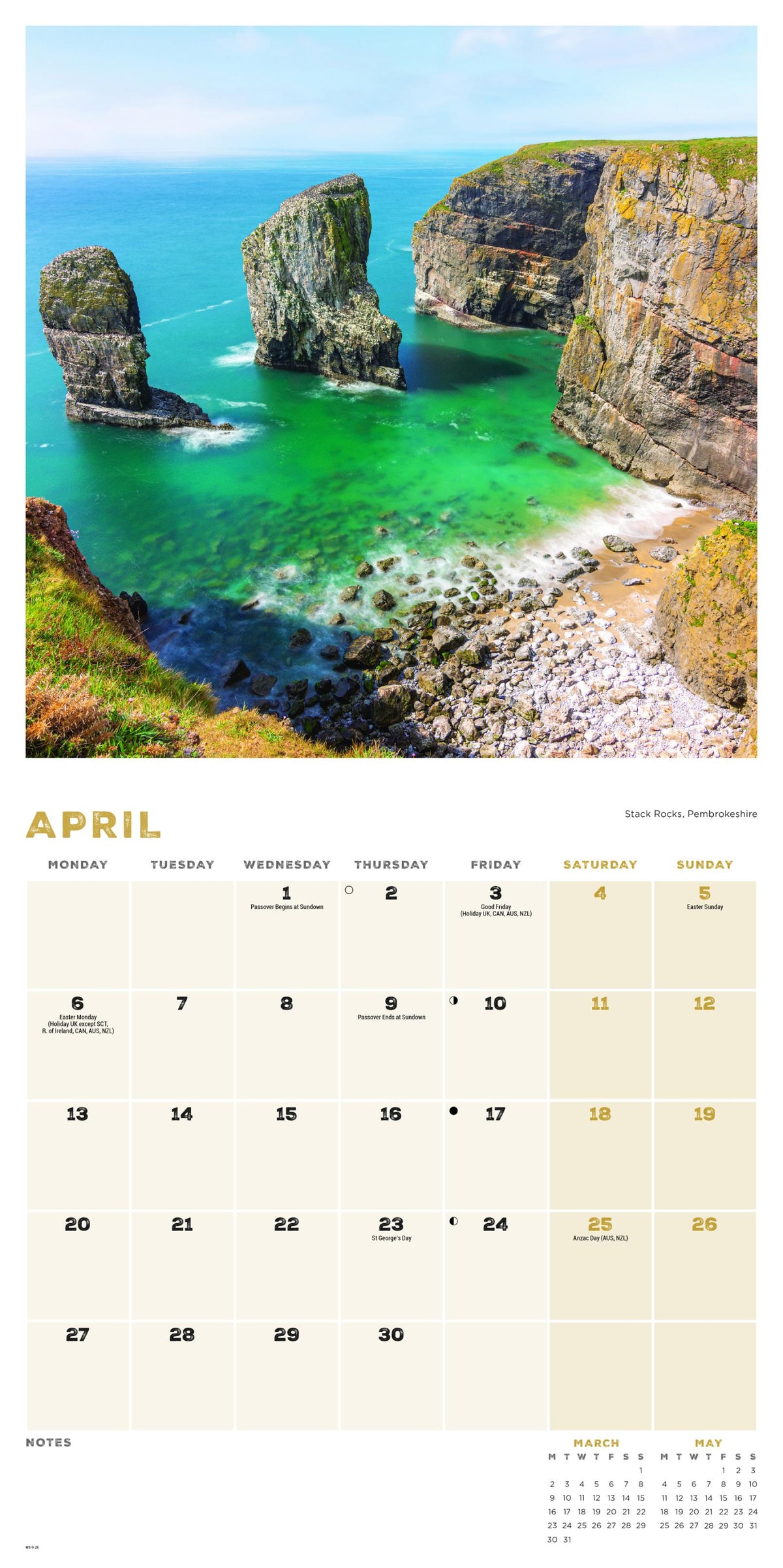 Calendar page for April with a scenic image of ocean cliffs and turquoise water.