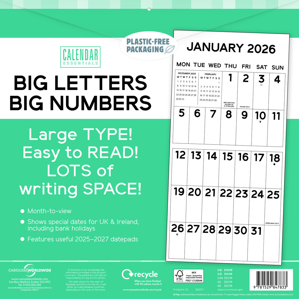 Calendar with large print for easy reading on a green background
