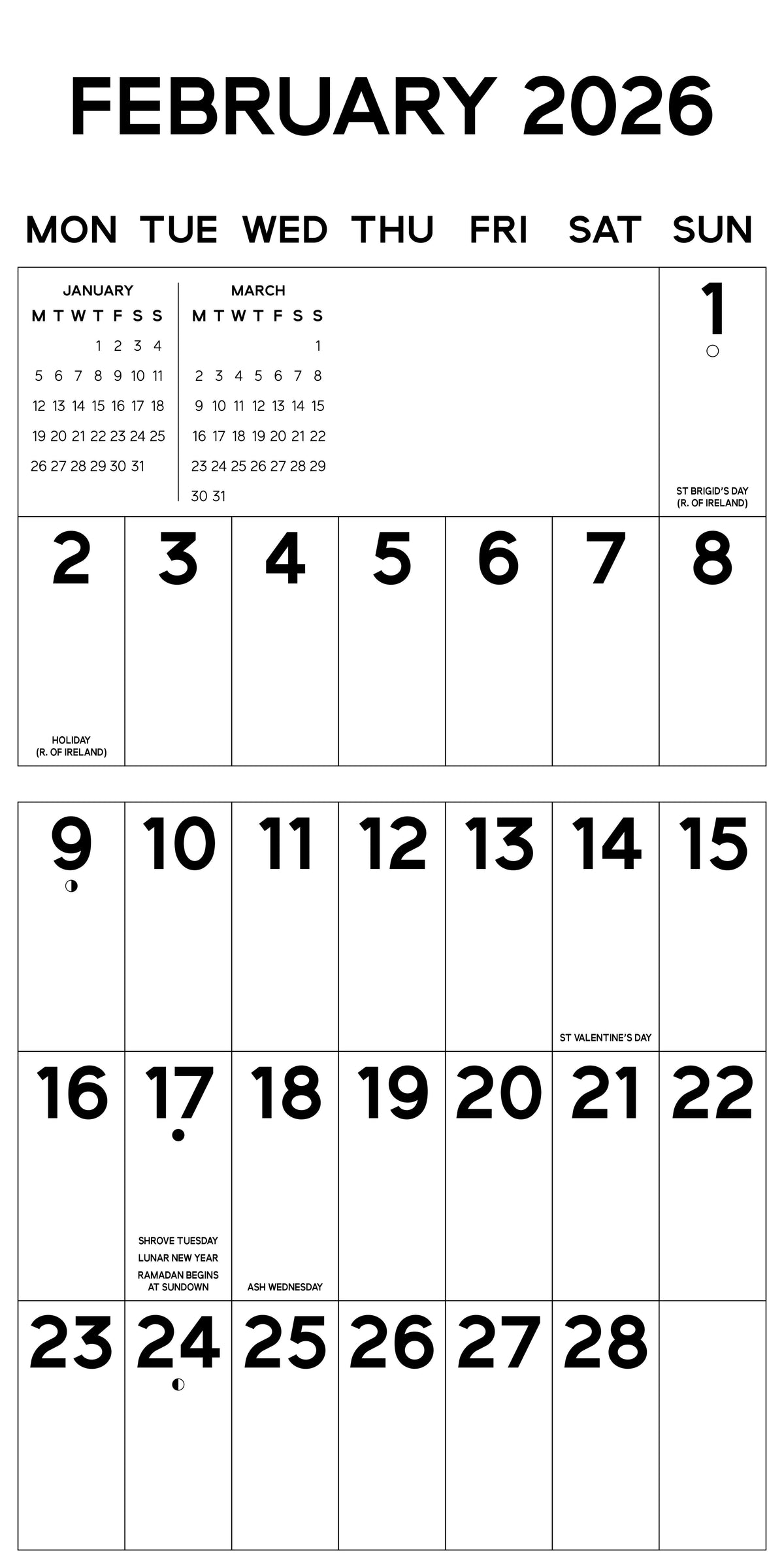 Calendar for February 2026 with days of the week labeled.