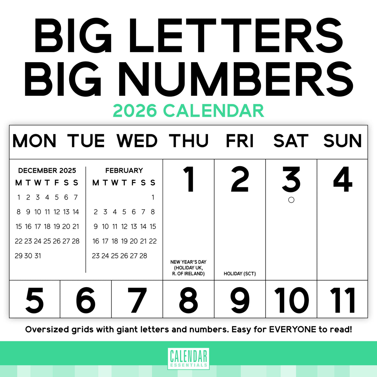 2026 calendar with large letters and numbers for easy reading, featuring a green and white color scheme.
