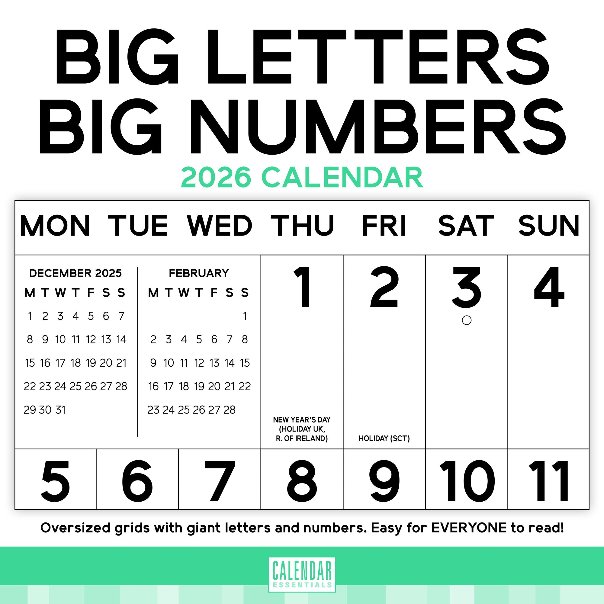 2026 calendar with large letters and numbers for easy reading, featuring a green and white color scheme.