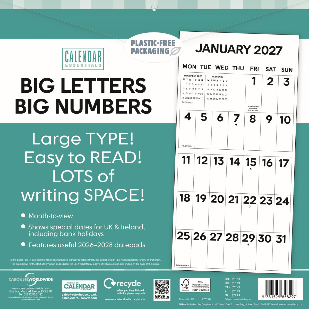 A product listing graphic for a January 2027 monthly calendar from Calendar Worldwide. The left side features a teal promotional panel with white text highlighting large letters, big numbers, and easy readability.