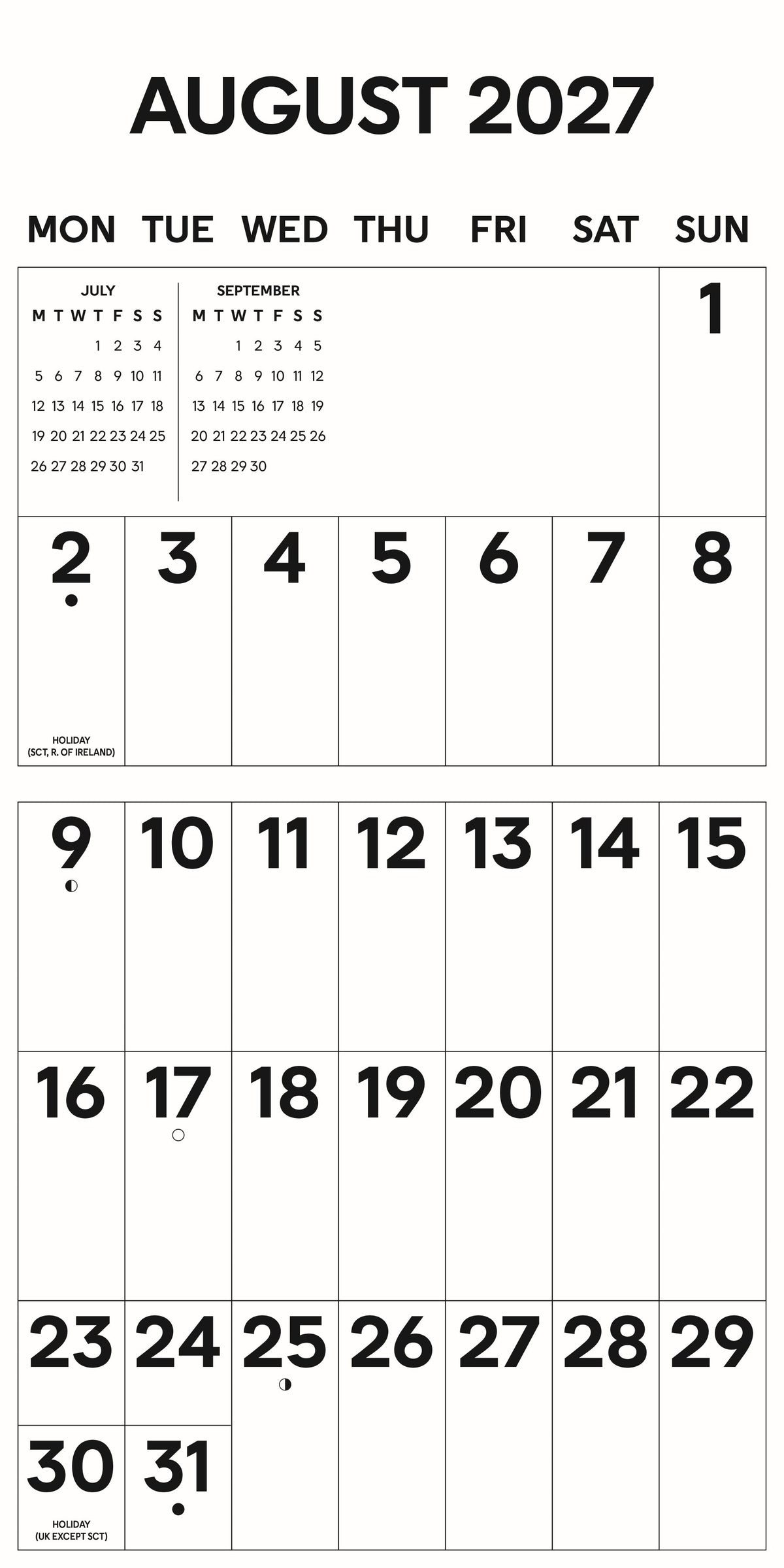 A black and white calendar page showing August 2027, with days of the week in a grid format and dates printed in bold black text on a white background.