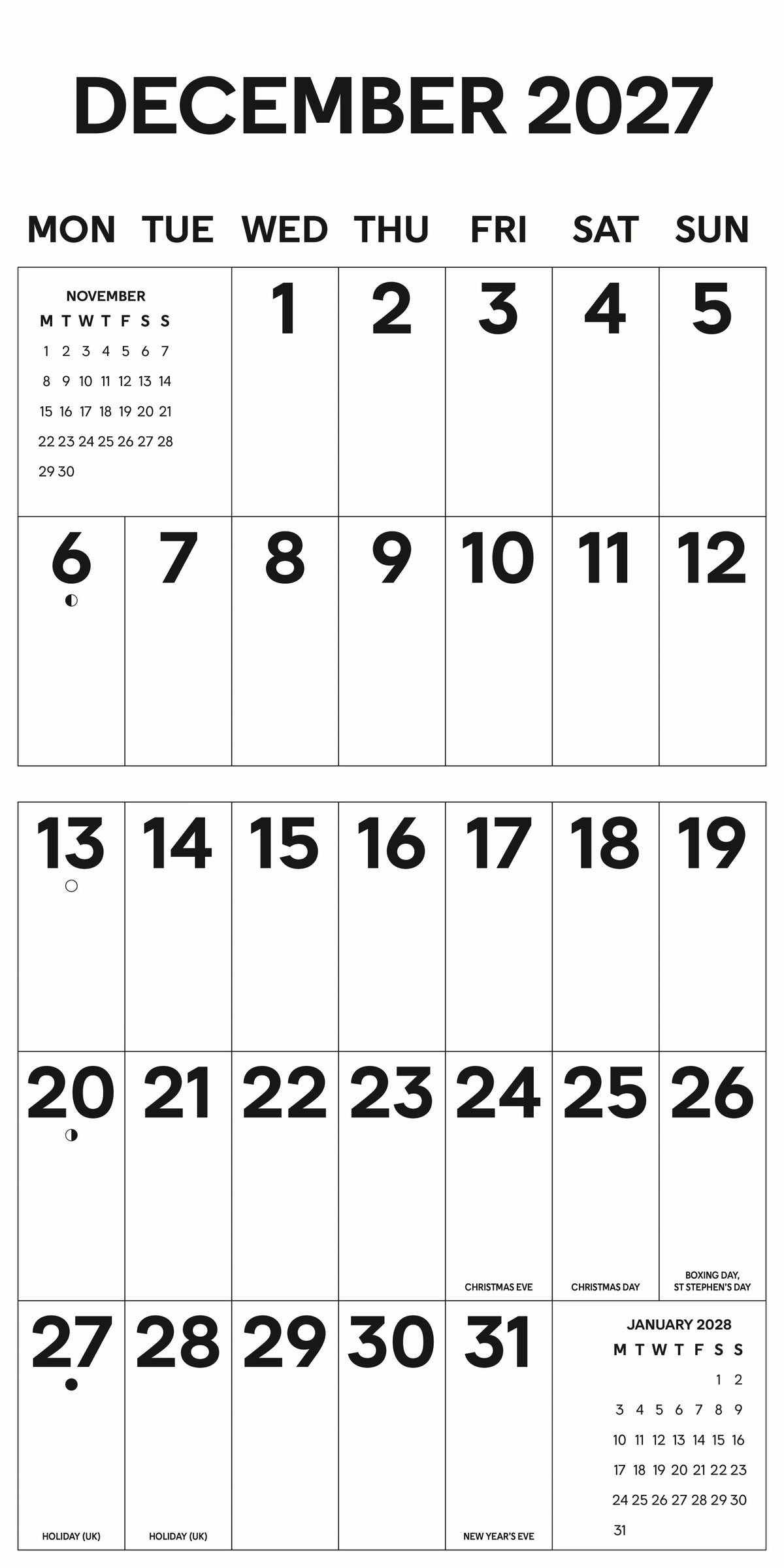 A black and white printable calendar page showing the monthly grid for December 2027, with day numbers, weekday labels, and small holiday/weekender notes at the bottom.