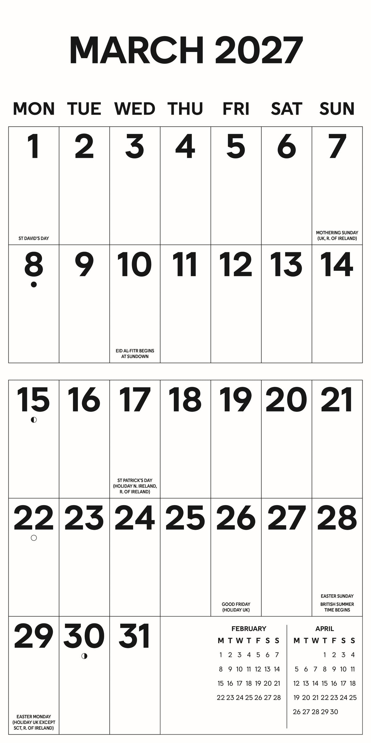 A black and white digital calendar page for March 2027, showing the dates from Monday to Sunday in a grid format with small text notes below each day.