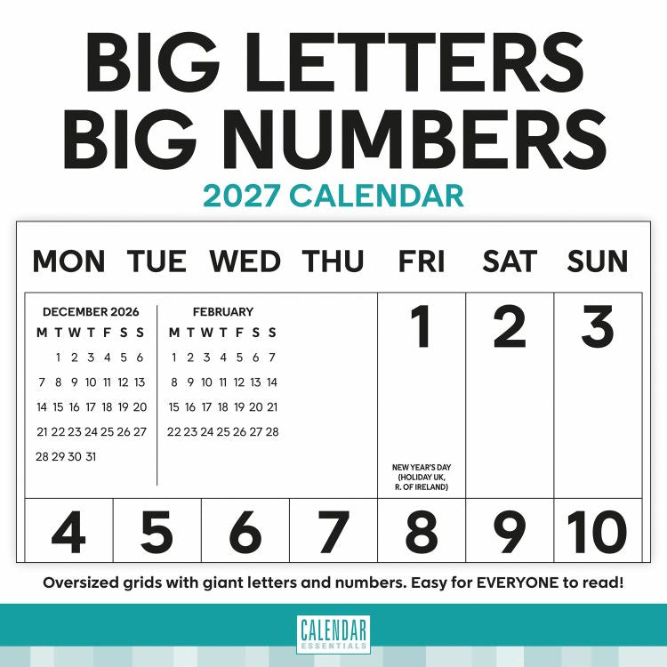 2027 calendar with large letters and numbers for easy reading, featuring a white background.