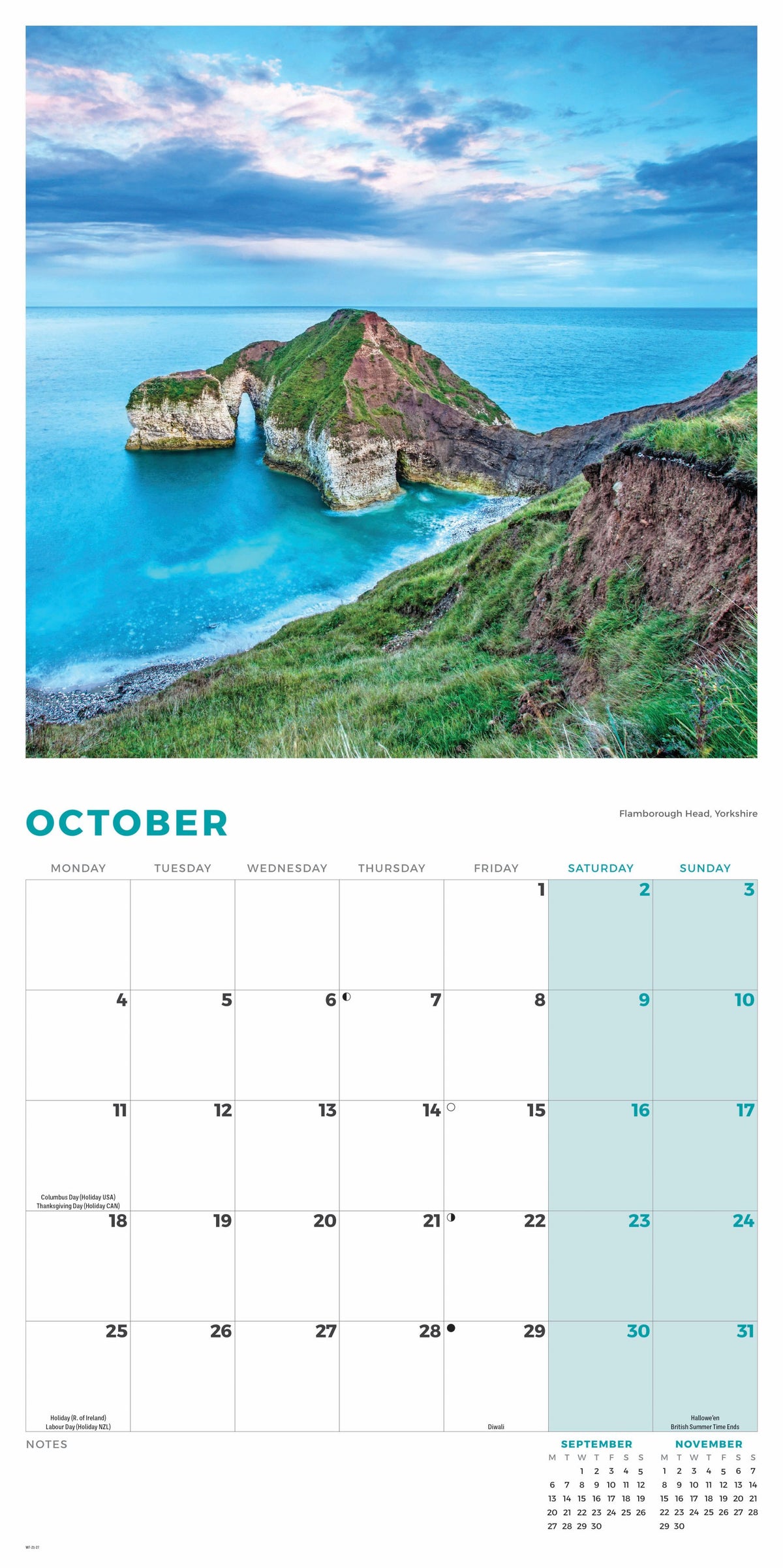 A single-page October calendar spread featuring a coastal cliff and turquoise sea photograph at the top, with a grid layout for dates and days of the week below on a white page.