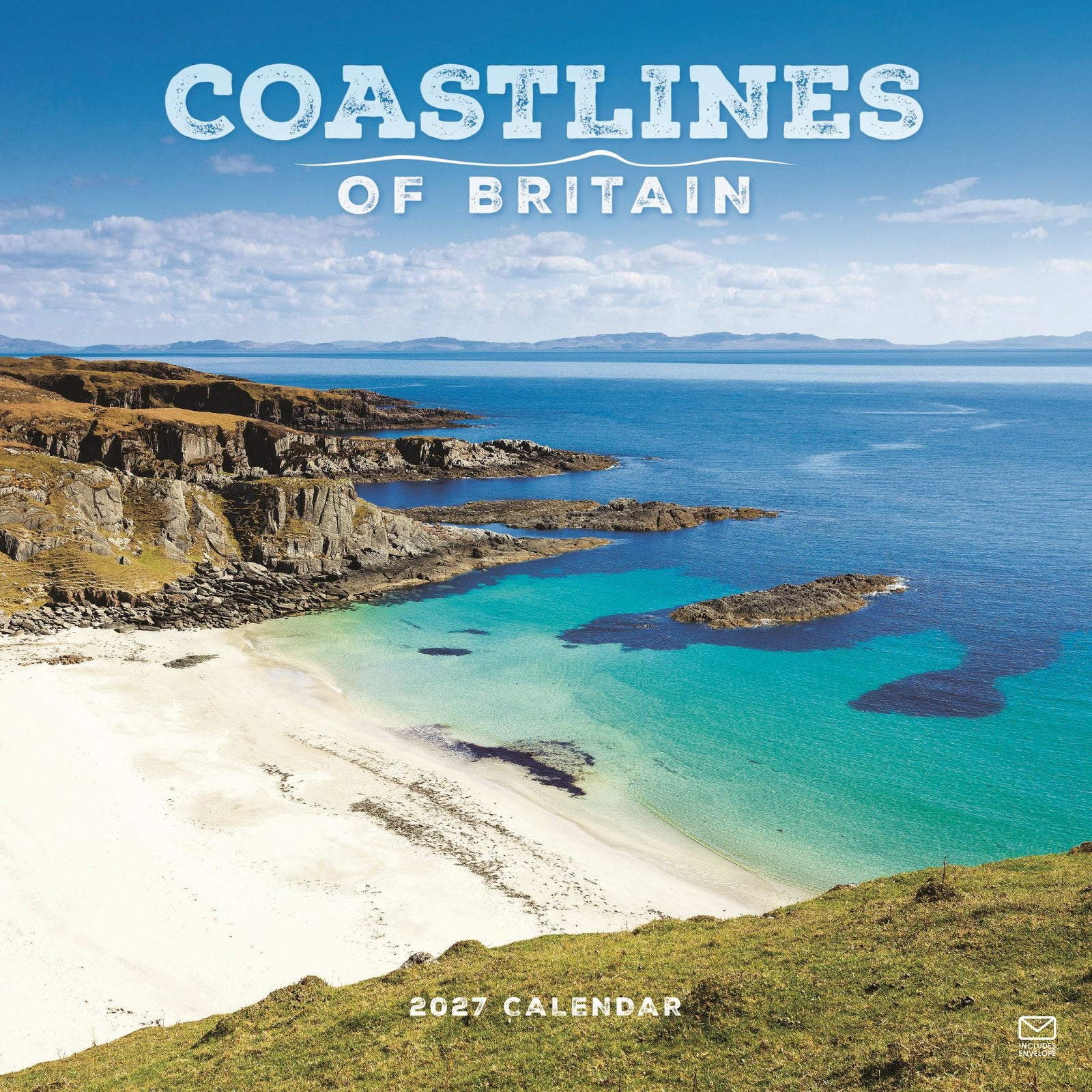 Square wall calendar cover for 'Coastlines of Britain 2027 Calendar' featuring a scenic photograph of a coastal bay with turquoise water, rocky cliffs, a sandy beach, and blue sky. The title is printed in large white letters at the top, and '2027 CALENDAR' appears near the bottom.