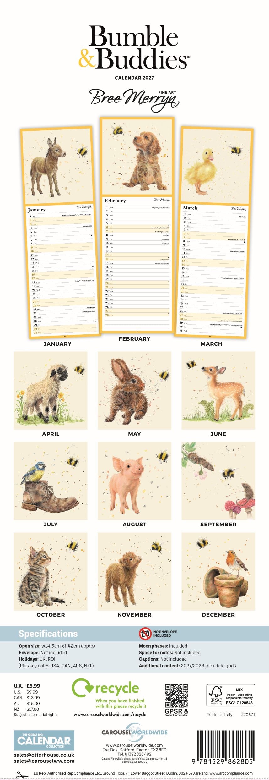 Bumble & Buddies 2026 Bee Month calendar wall hanging by Calibre, featuring illustrated bees and various animals in each month with fill-in lines for tracking.