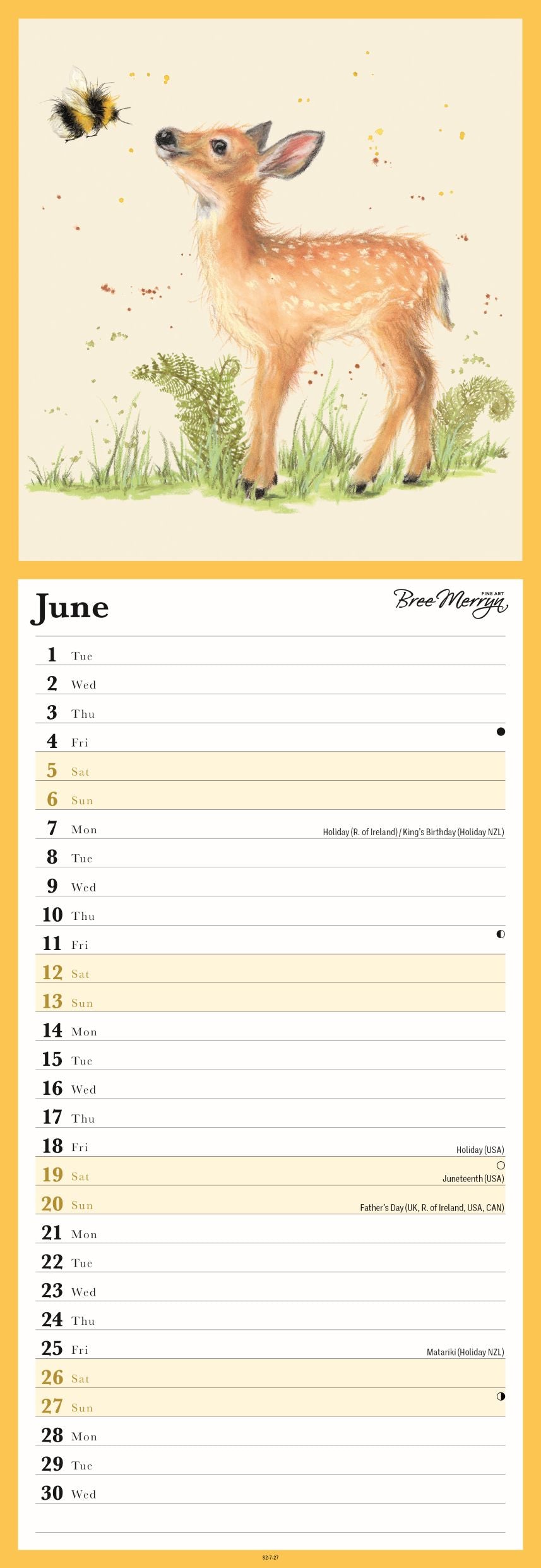 A children's monthly calendar page for June, featuring a watercolor illustration of a fawn and a bee on a yellow background at the top, with lined writing sections below for days of the week and a blank space for a note.