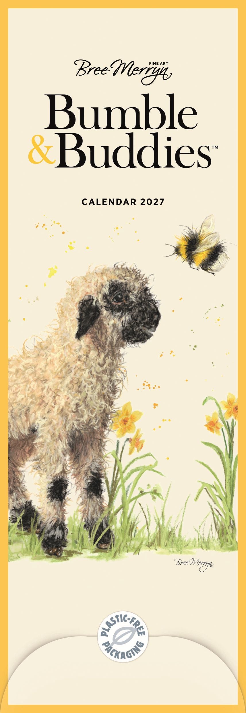 Bee-Moritz Bumble & Buddies 2027 wall calendar cover featuring a watercolor sheep, bumblebee, and yellow flowers on a cream background with a yellow border.