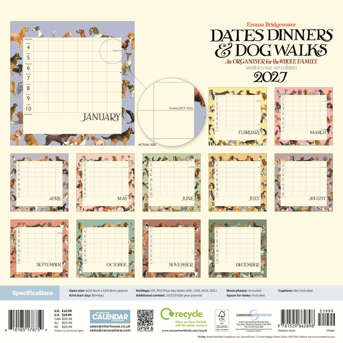 Emma Bridgewater 'Dates Dinners & Dog Walks' 2027 wall calendar planner page set, showing multiple monthly layouts with floral borders on a cream background.