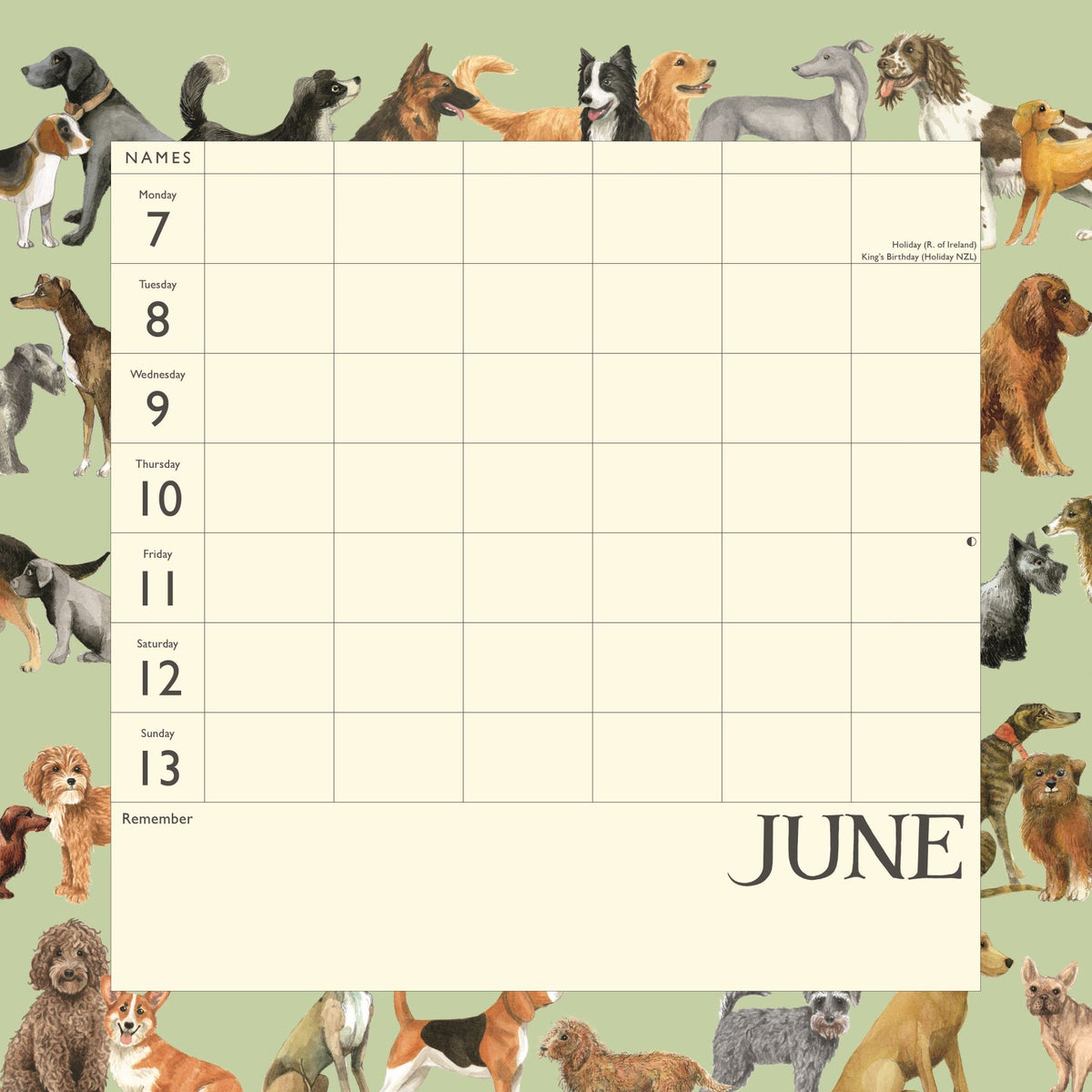 A dog-themed monthly calendar page for June, featuring a grid layout with days of the week and the month name 'JUNE' on a cream background, surrounded by illustrations of various dog breeds on a pale green border.
