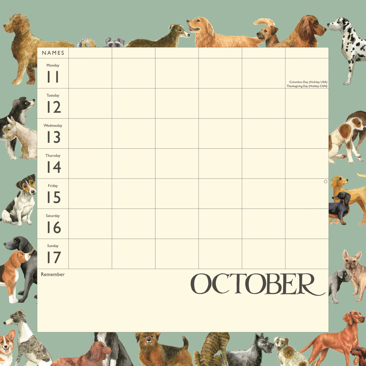 A dog-themed monthly planner page for October, featuring a large grid for days 1 through 17, with illustrated dogs around the border on a sage green background.
