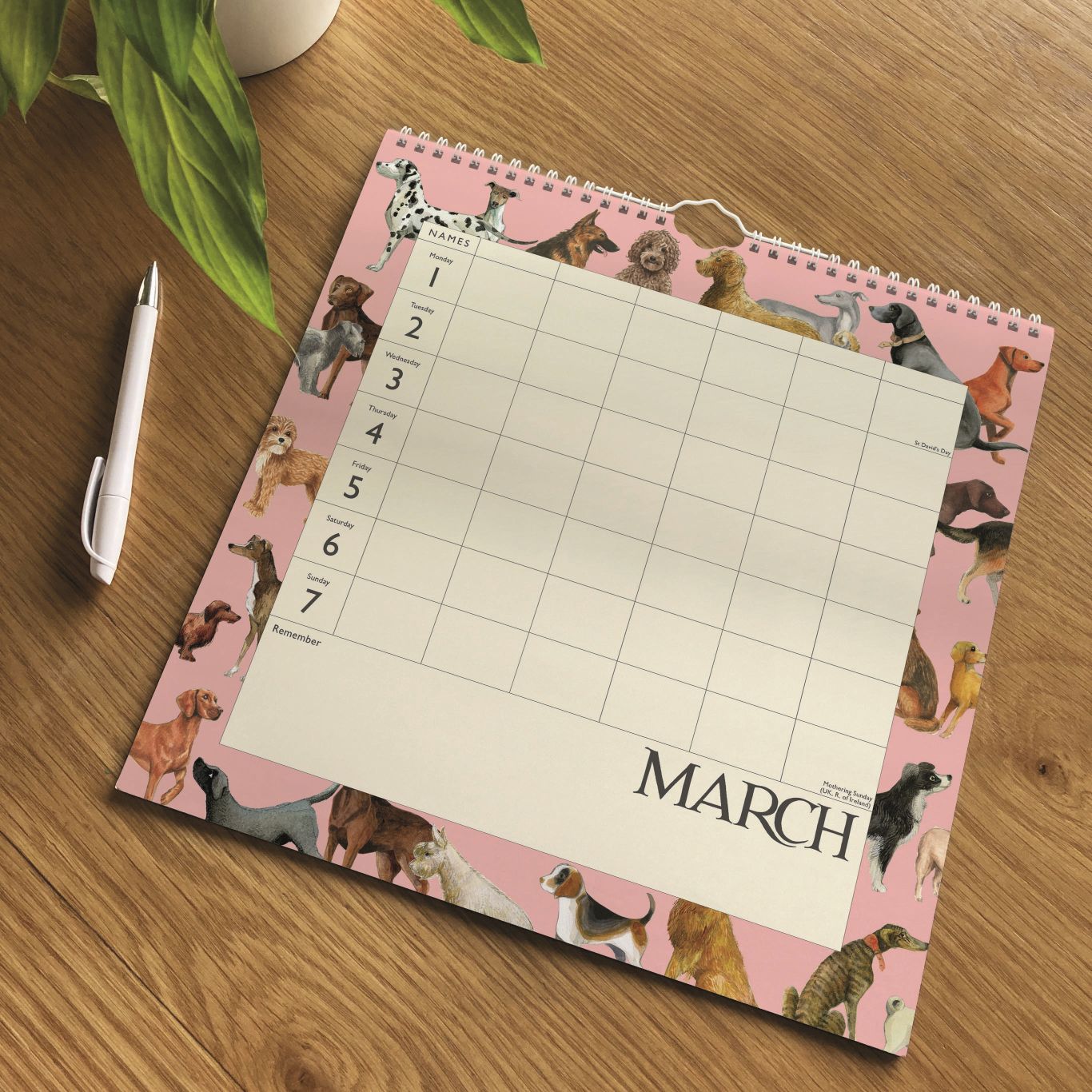 A pink spiral-bound monthly calendar page for March, decorated with various dog illustrations around the border, shown on a wooden tabletop next to a white pen and a green plant.