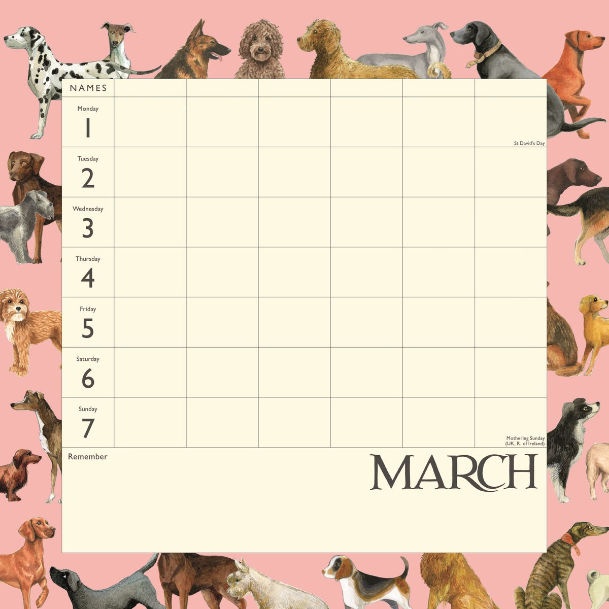 A dog-themed monthly calendar page for March, featuring a cream-colored grid with 'MARCH' at the bottom, surrounded by a pink border decorated with various dog illustrations.