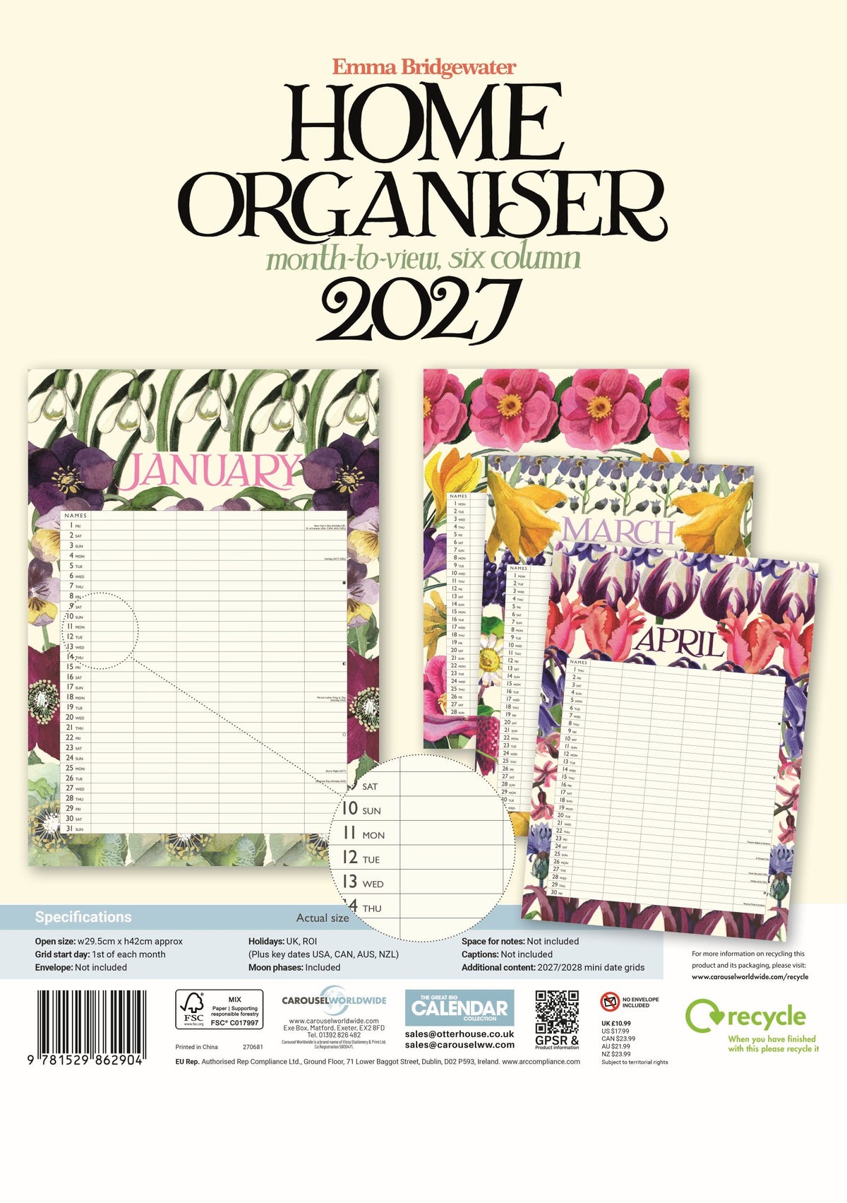 Back cover of the Emma Bridgewater 2027 Home Organiser, showing floral planner pages and a monthly view layout on a light cream background.