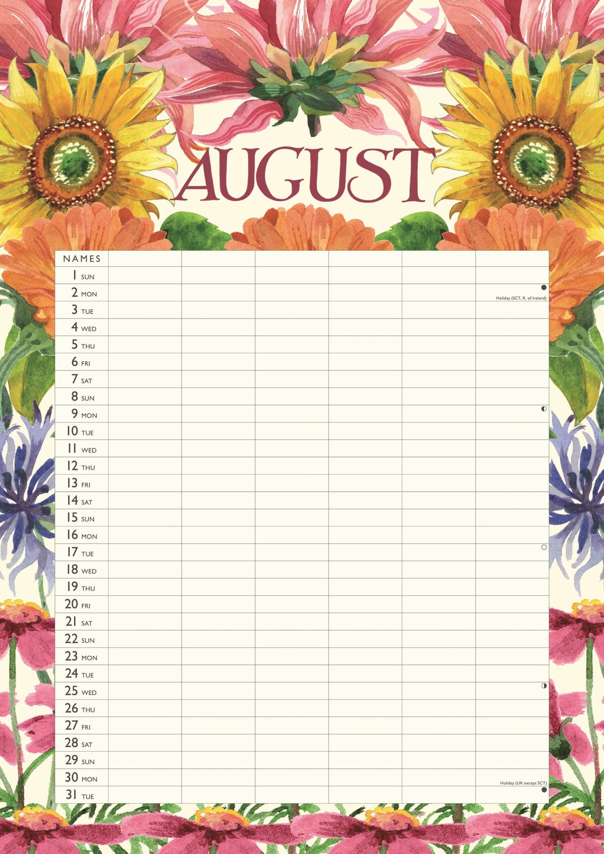 A floral monthly planner page for August, featuring a watercolor border of sunflowers, daisies, and other colorful flowers above and below a lined calendar grid with a name column.