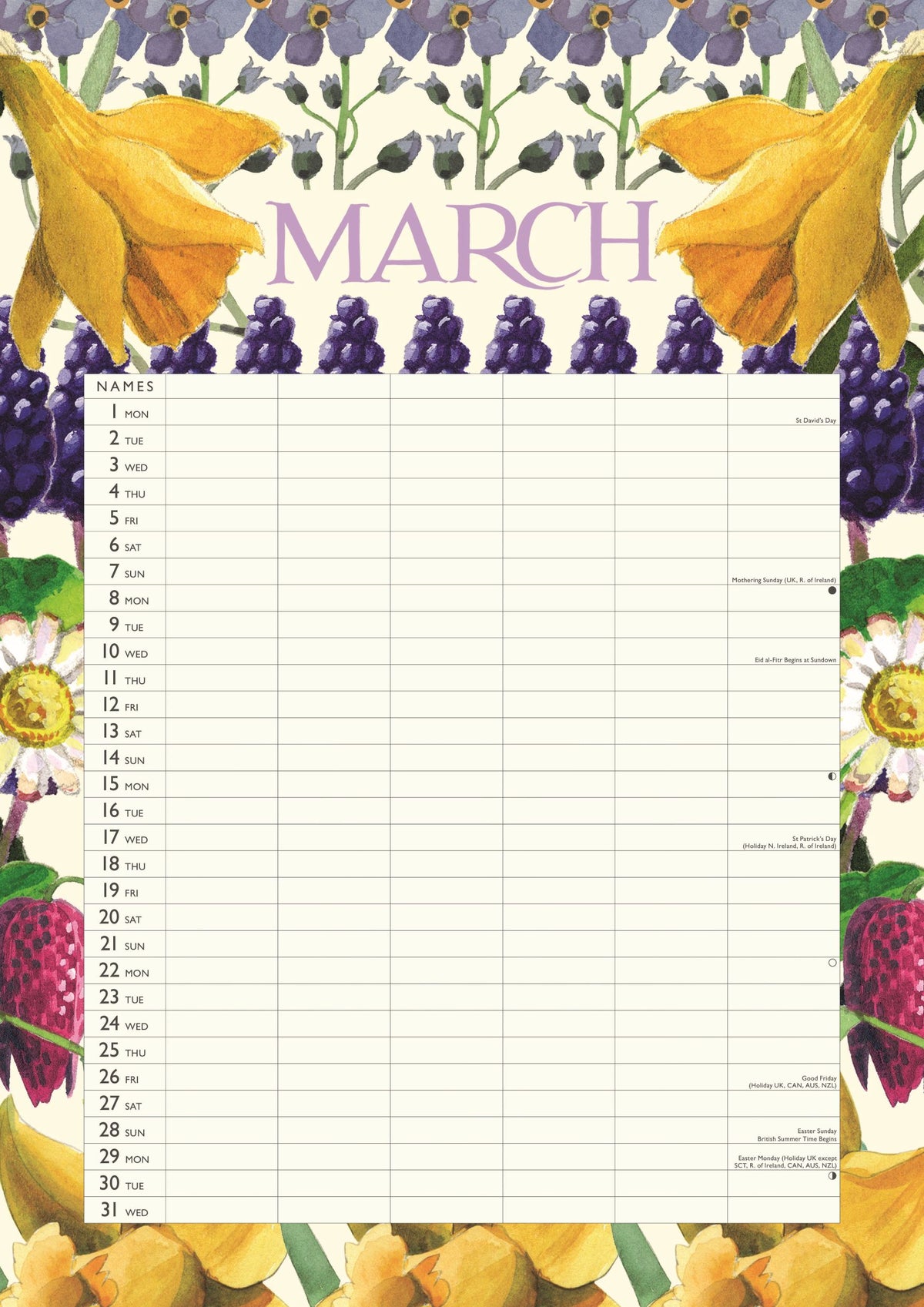 A March planner page with a floral border. The top of the page features the word 'MARCH' in purple, surrounded by illustrations of yellow flowers, purple grape hyacinths, white daisies, and red raspberries.