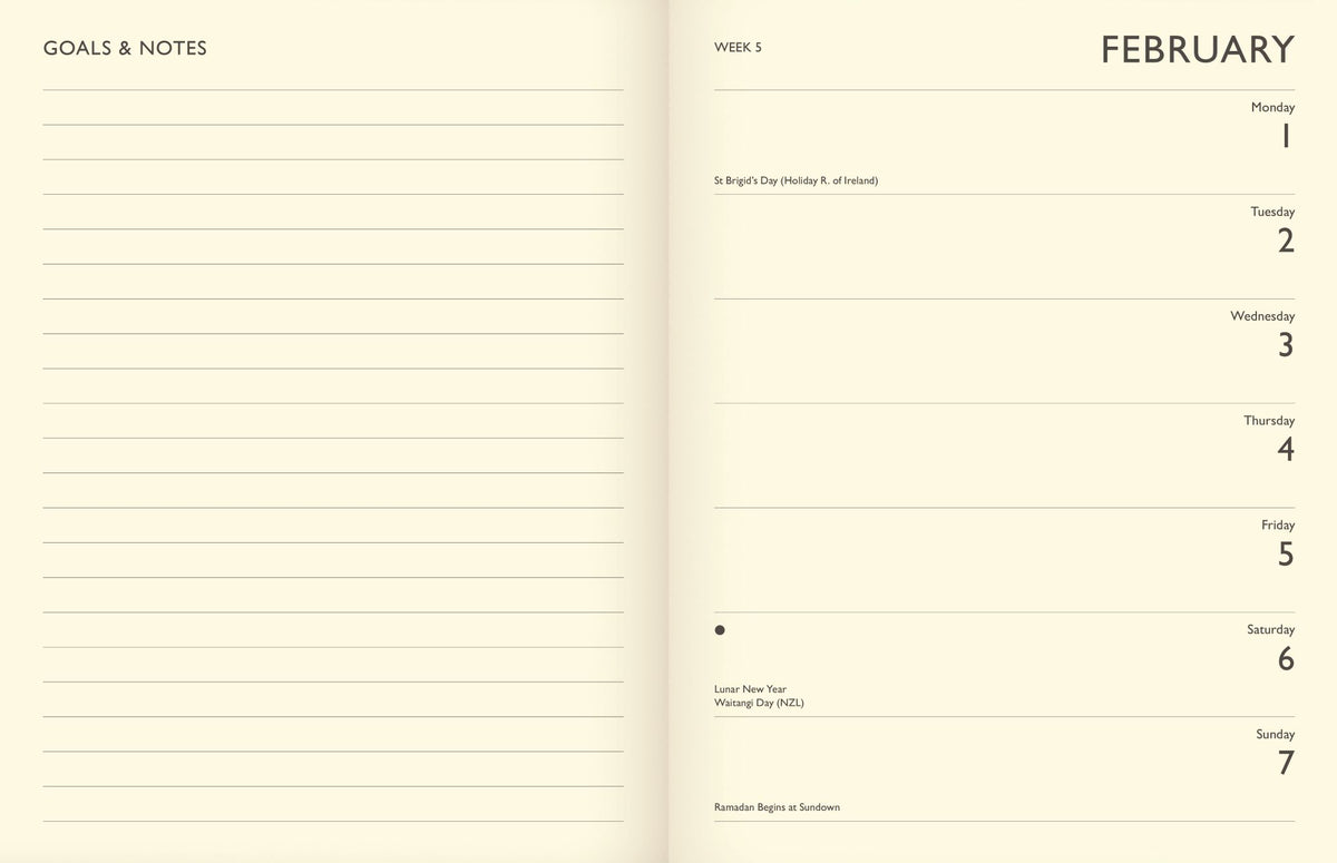 Open diary spread showing a notes page on the left and the week of 1 to 7 February on the right, with dated daily planning sections and space for appointments and reminders.