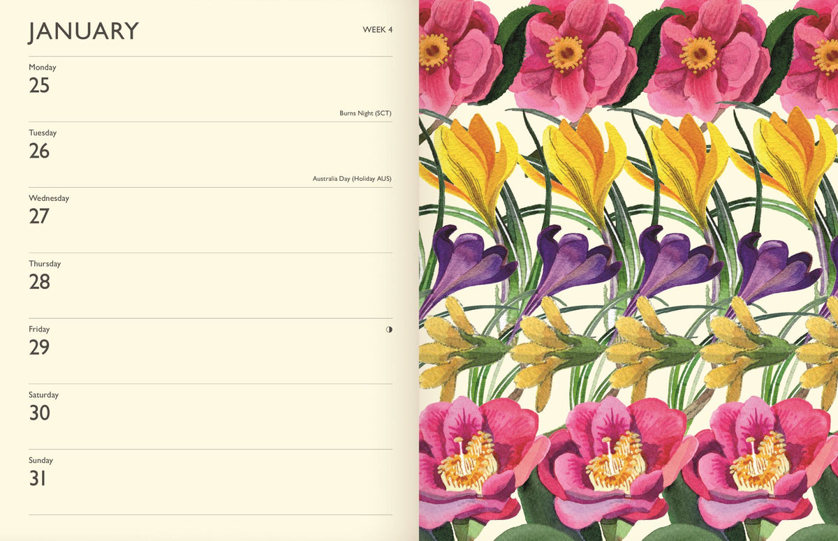 Open weekly spread from the Emma Bridgewater Diary 2027. The left-hand page shows the week of 25 to 31 January, with a vertical layout providing space for daily appointments and notes. The right-hand page features a colourful floral illustration with hand-painted pink blossoms, yellow flowers, purple crocuses, and green foliage on a cream background, matching the diary's botanical cover design.