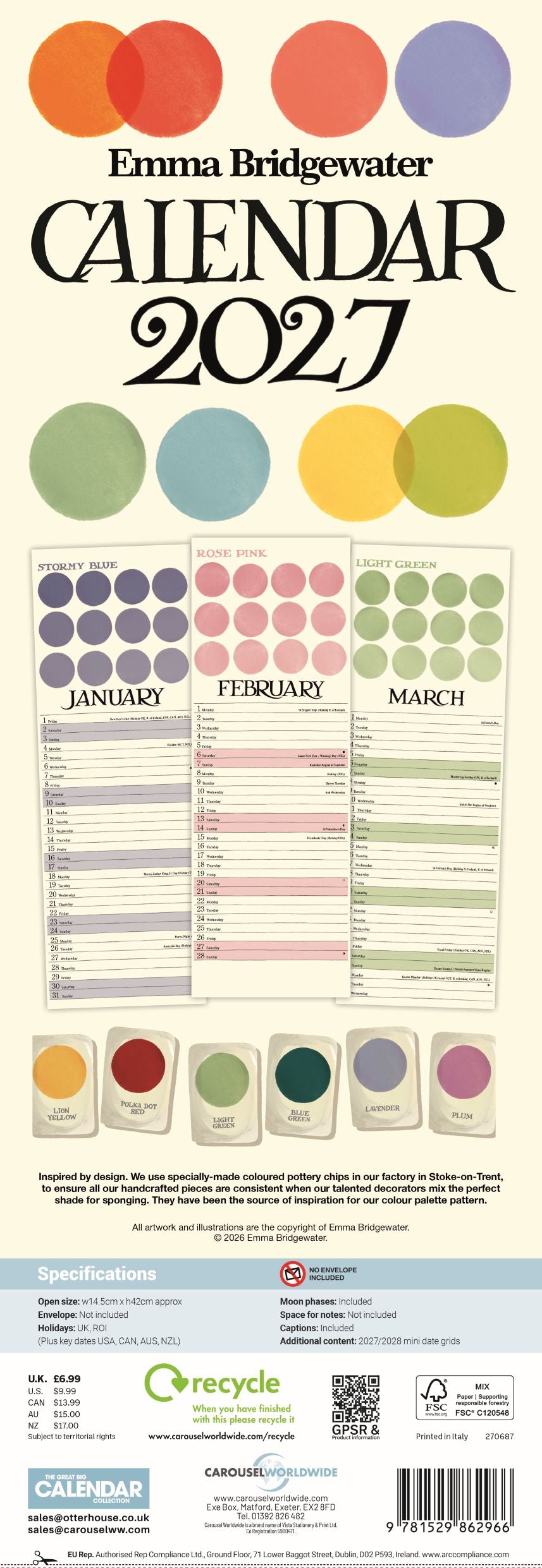 Emma Bridgewater 2027 wall calendar cover shown flat against a light beige background, with colorful circular accents, large black title text, monthly calendar page previews, and product details along the bottom.