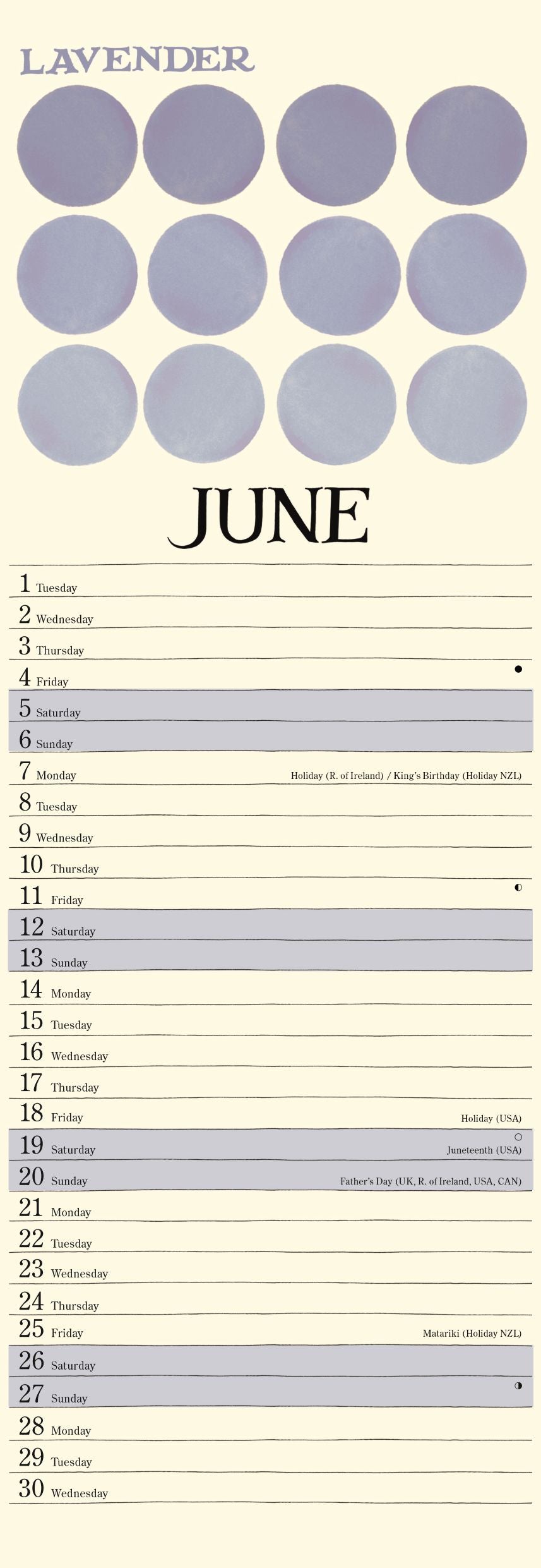A monthly calendar page for June with a lavender and cream color scheme, featuring rows of circular color swatches at the top and numbered days from 1 to 30 below.