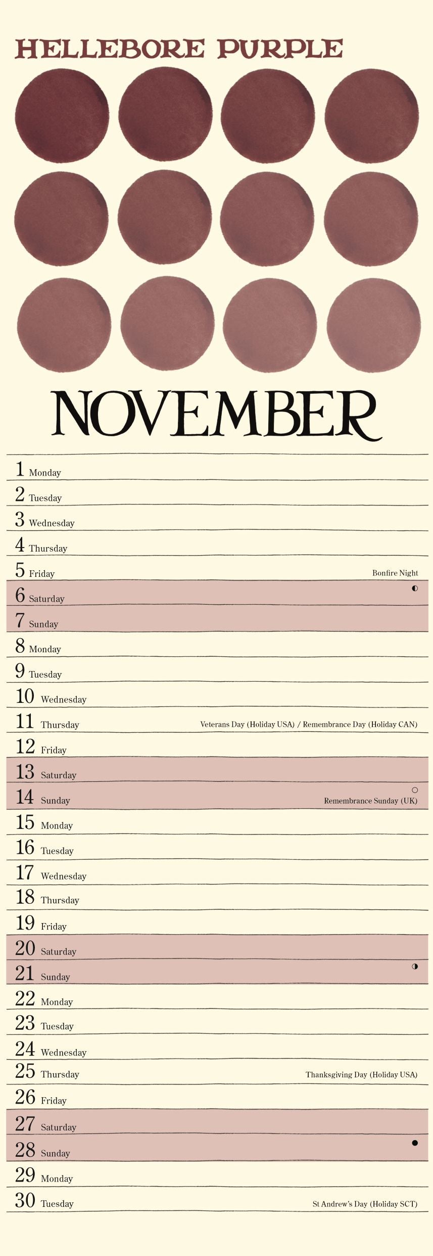 A November planner page titled 'HELLEBORE PURPLE' with a row of mauve color swatches at the top and lined calendar sections below.