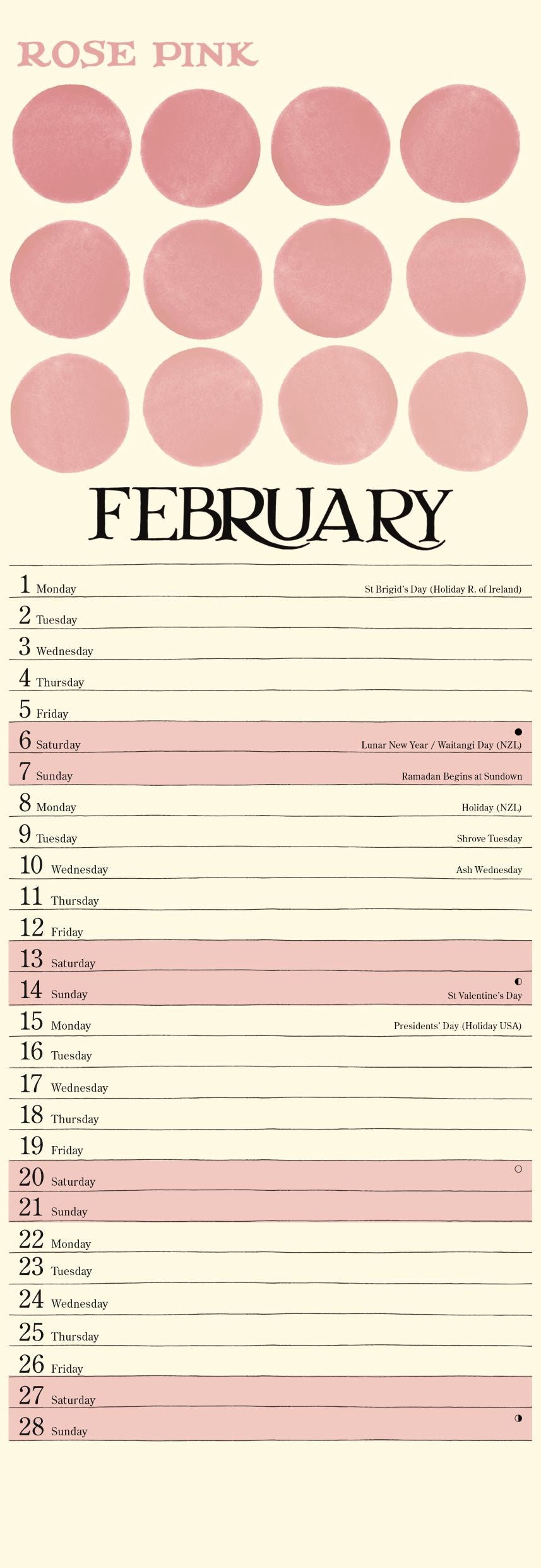 A February planner page or calendar spread in a soft blush pink and cream color scheme, with the title 'FEBRUARY' centered and multiple pink circular date stamps shown across the top.