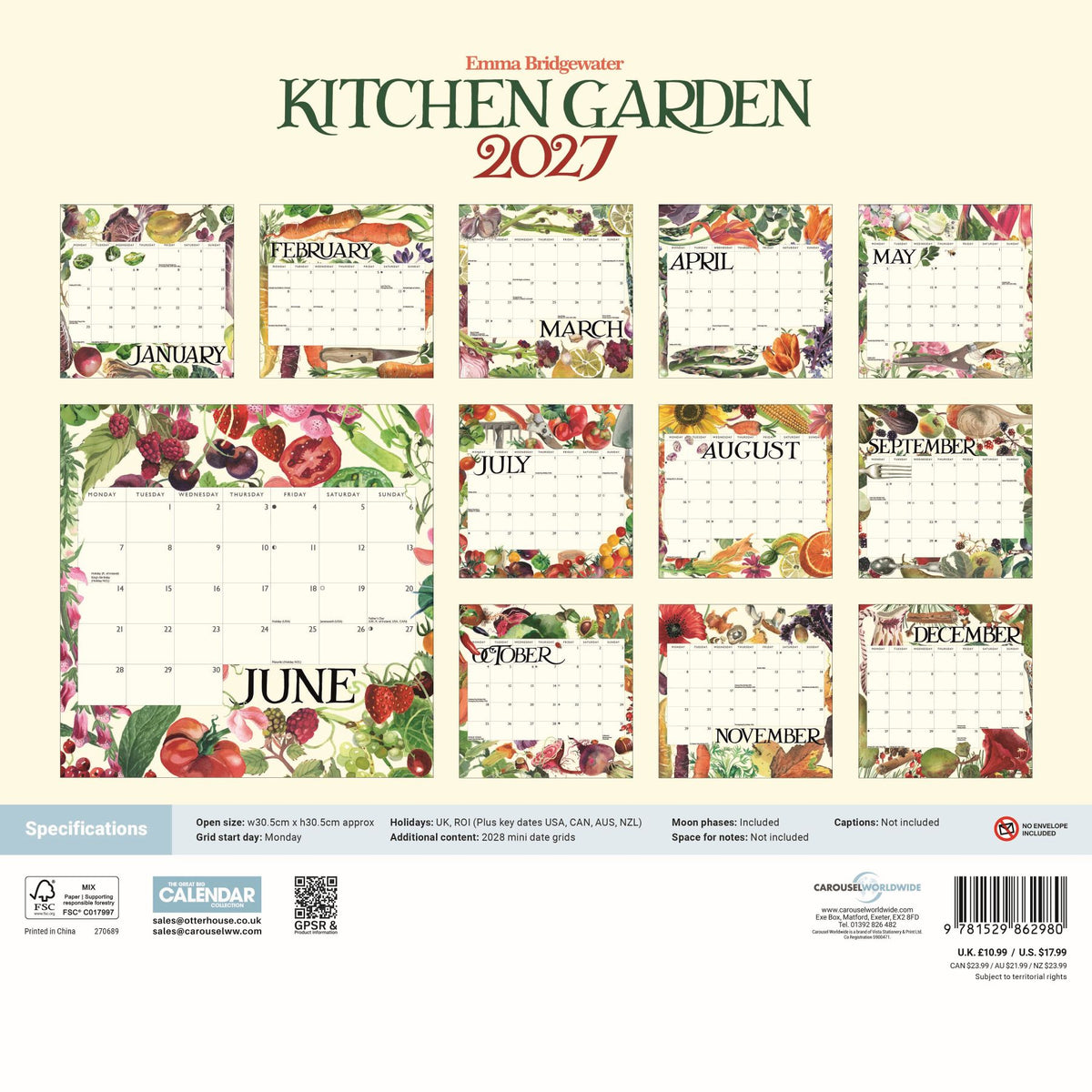 Kitchen Garden 2027 wall calendar page showing a 12-month grid layout with illustrated vegetable and fruit borders around each month, plus product specifications and barcode at the bottom.