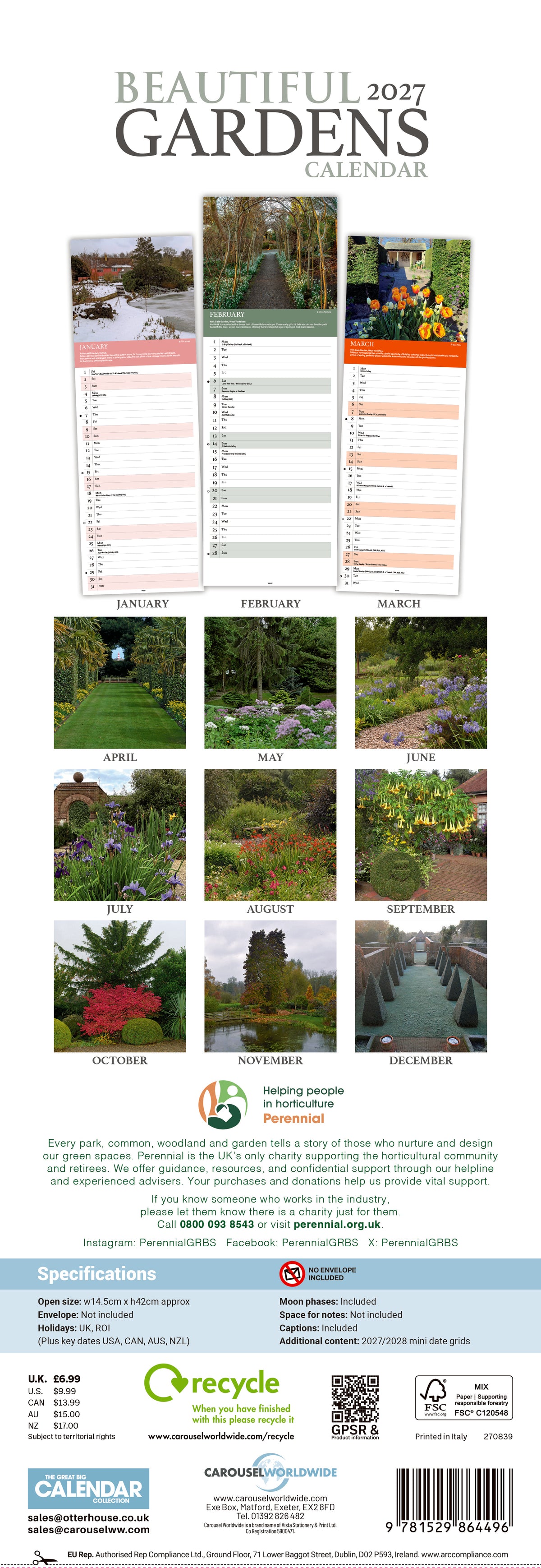 Gardening-themed calendar with images of gardens and a QR code on a white background