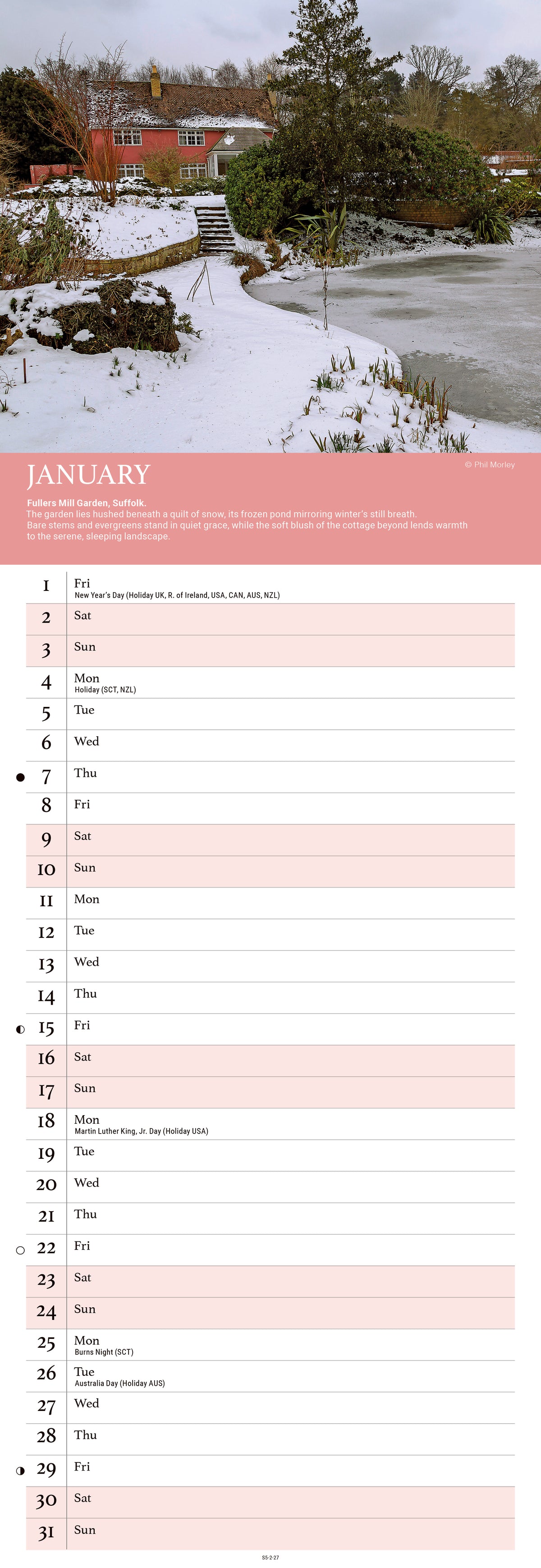 Calendar page for January with a snowy landscape and pink header.