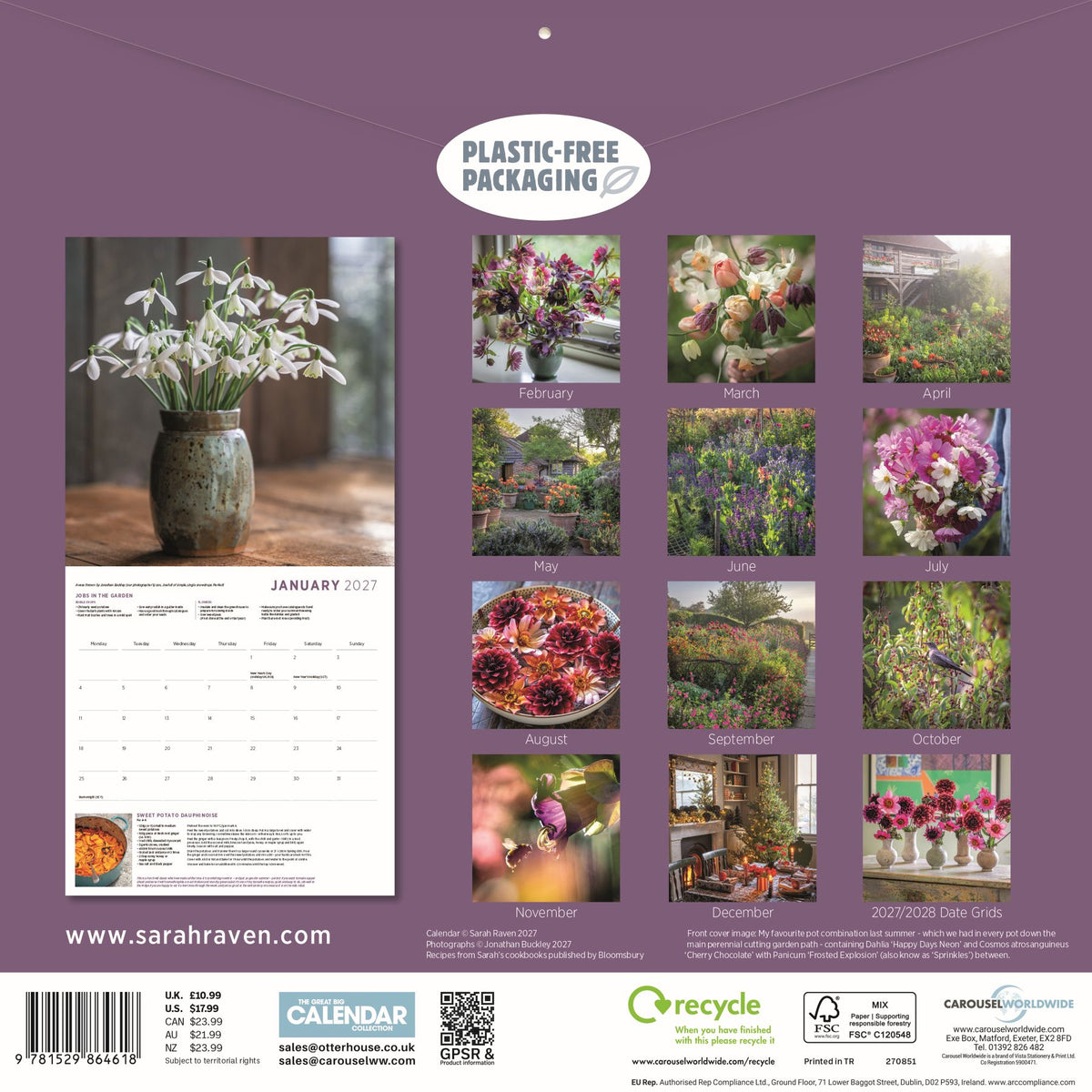 Back cover of a 2027 gardening-themed wall calendar displayed on a purple background.