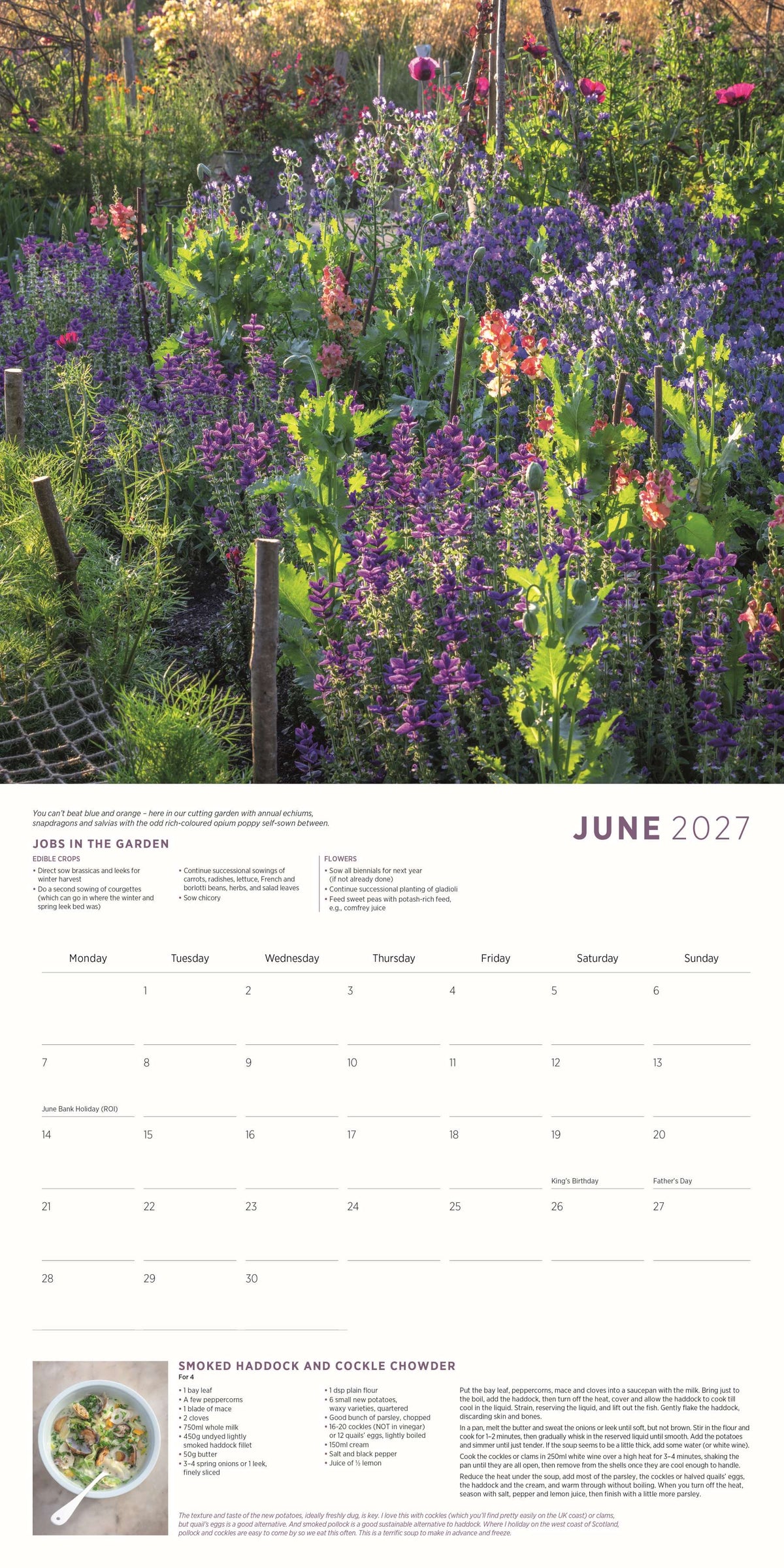June 2027 calendar page featuring a colourful flower garden filled with purple and pink blooms in summer sunlight.