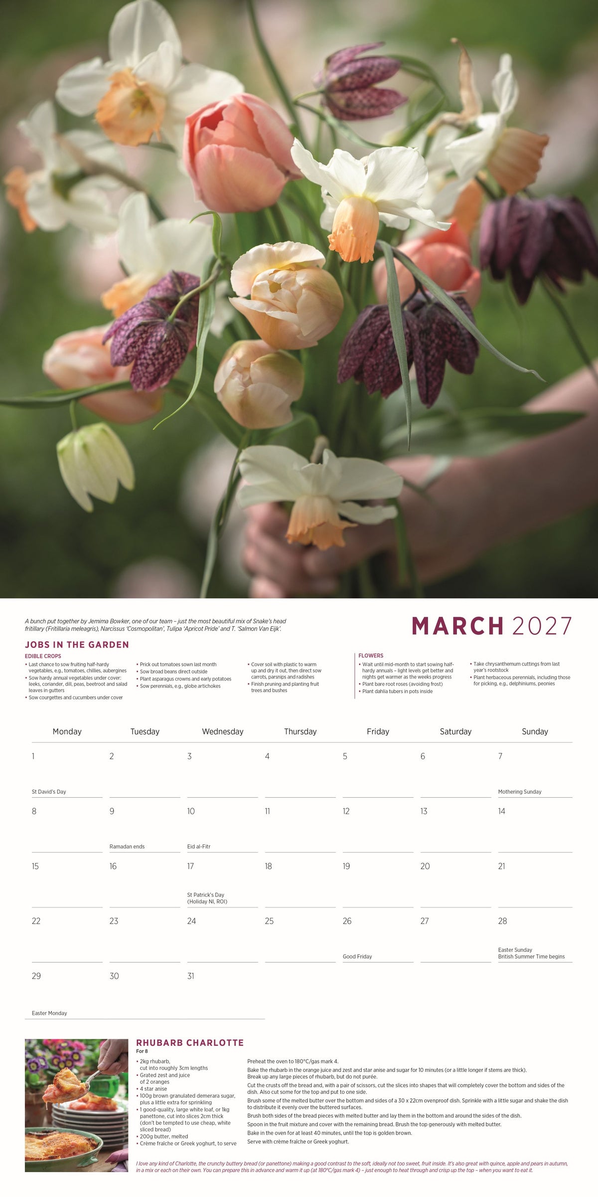 March 2027 calendar page featuring a hand holding a bouquet of spring flowers, including peach tulips, white daffodils and purple fritillaries.