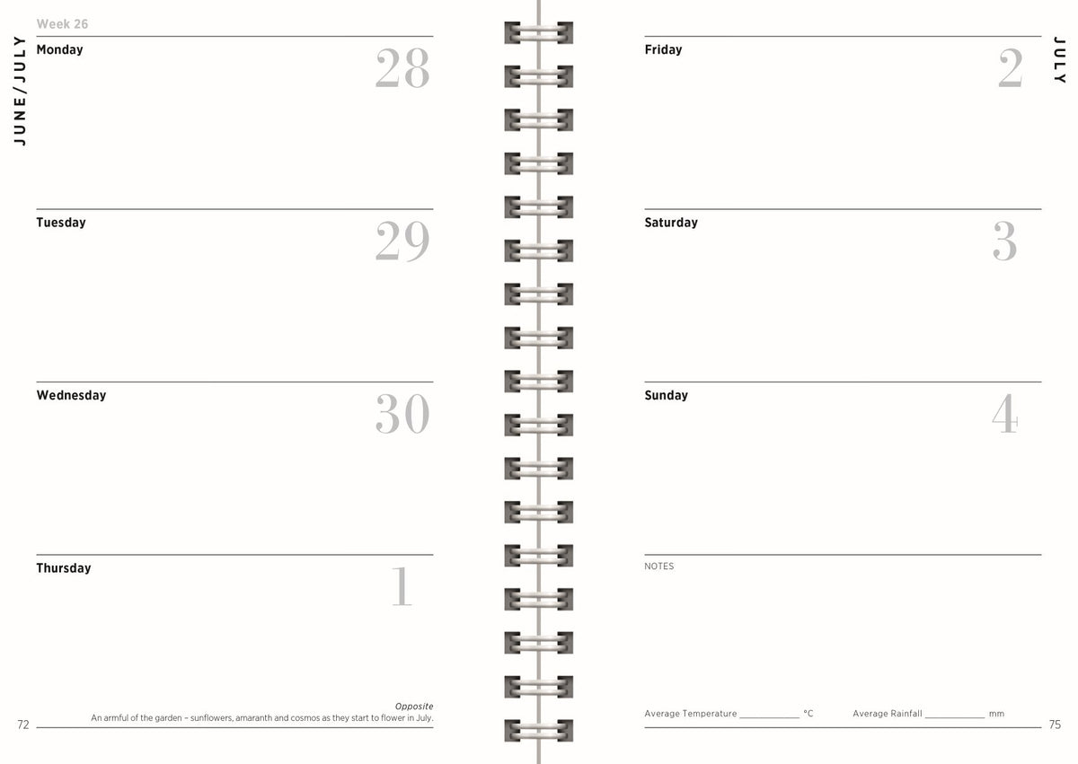 A weekly planner spread page with columns for Monday through Sunday, date fields, and lined writing areas, shown as a clean product-style graphic on a white background.