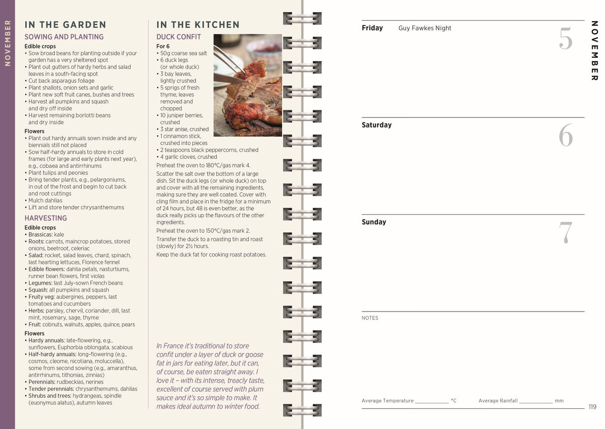A spiral-bound planner or recipe calendar showing November pages with sections for gardening, cooking, and daily planning from Friday to Sunday.