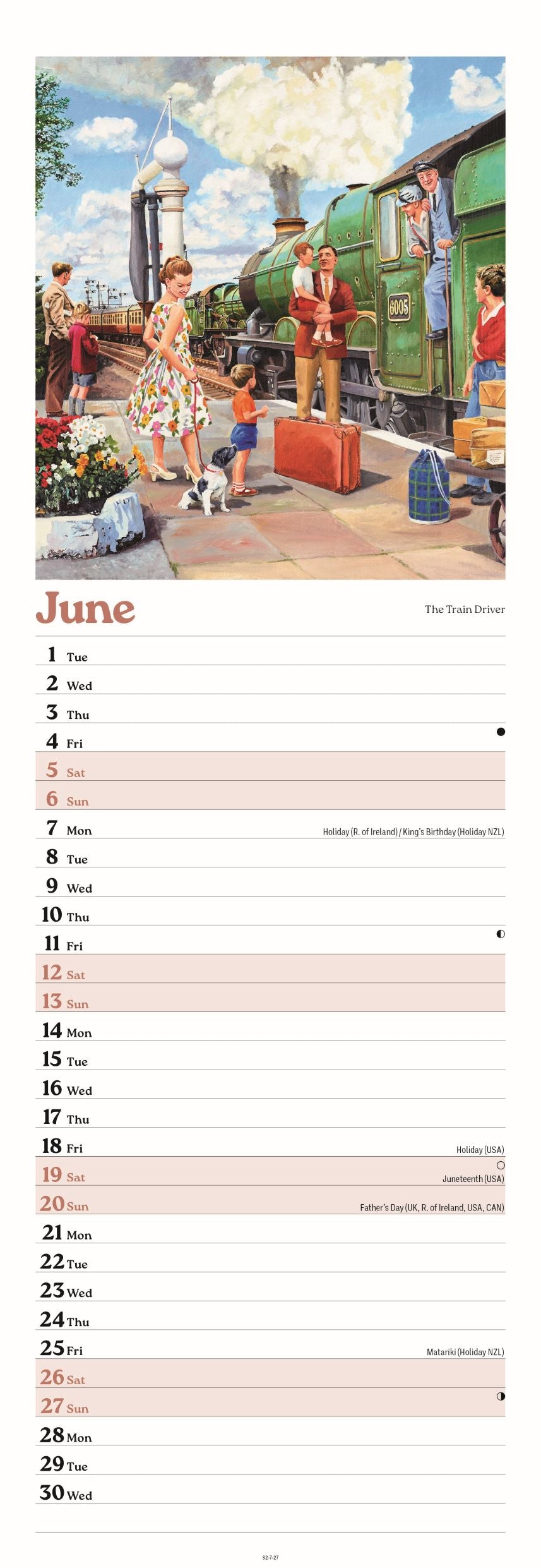 A vertical printed page showing an illustrated vintage scene with a green train, people, and luggage above a large June calendar schedule with dates and lines.
