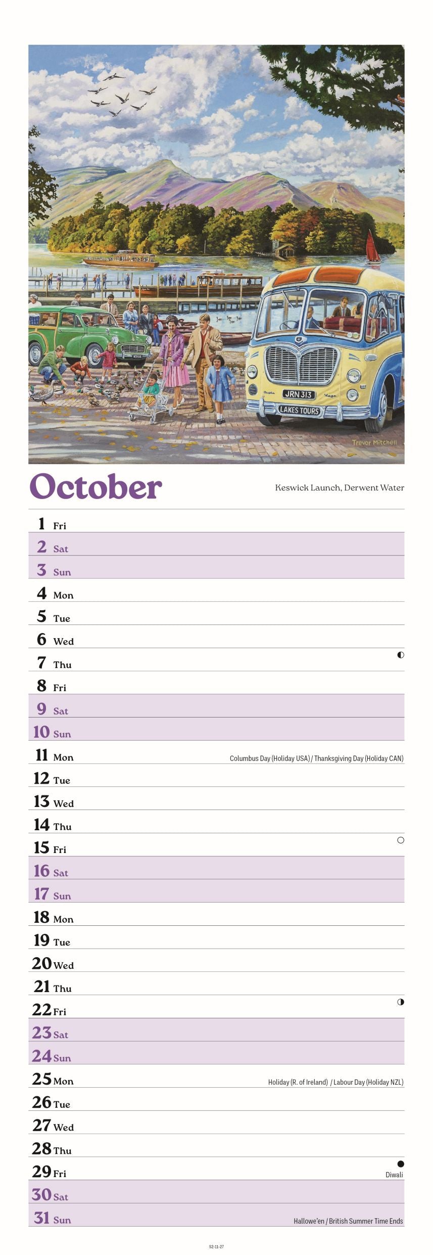 A vertical printed page showing a colorful scenic illustration of a lakeside town with mountains, trees, people, and a vintage bus, with the word October and a numbered calendar layout below.