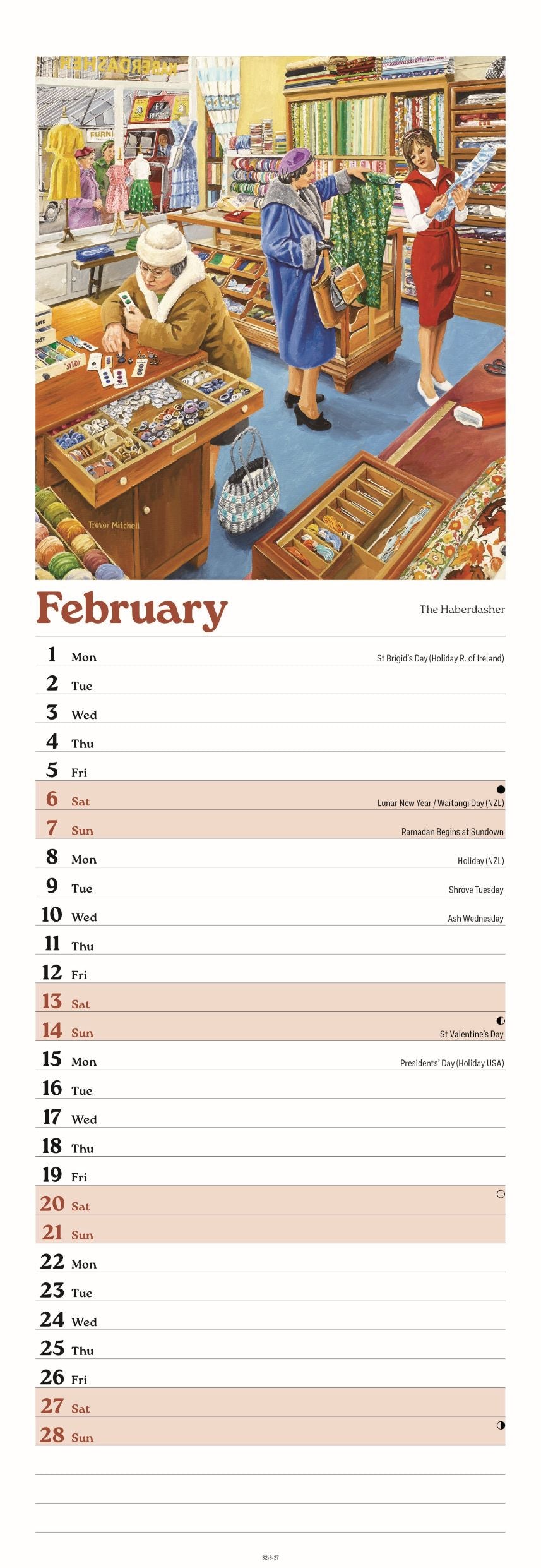 A vertical monthly calendar page for February, featuring a colorful vintage-style illustration of a shop interior at the top and a lined calendar layout below with days of the week and blank lines for writing.