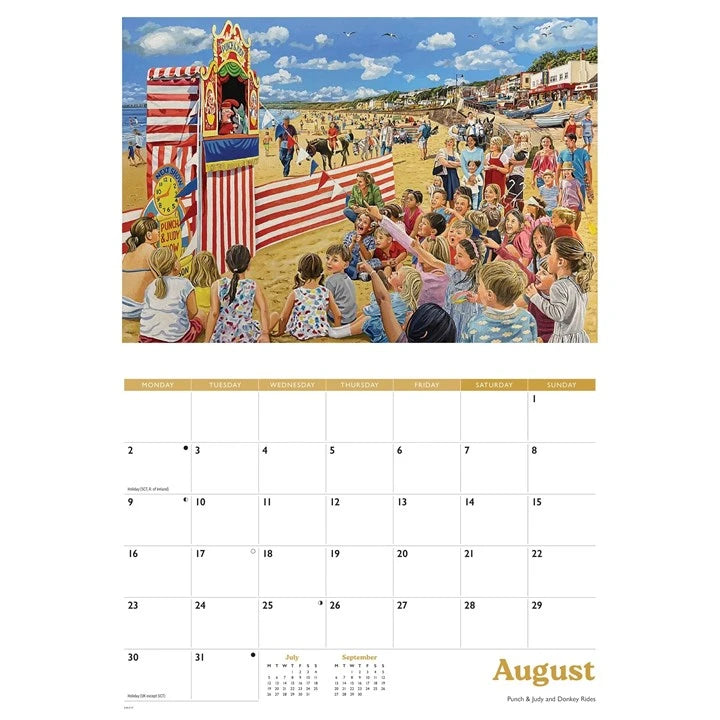A printed beach scene calendar page showing a colourful illustration of a crowded sandy beach with people, striped beach umbrellas, and a blue sky, above a monthly calendar grid labelled August.