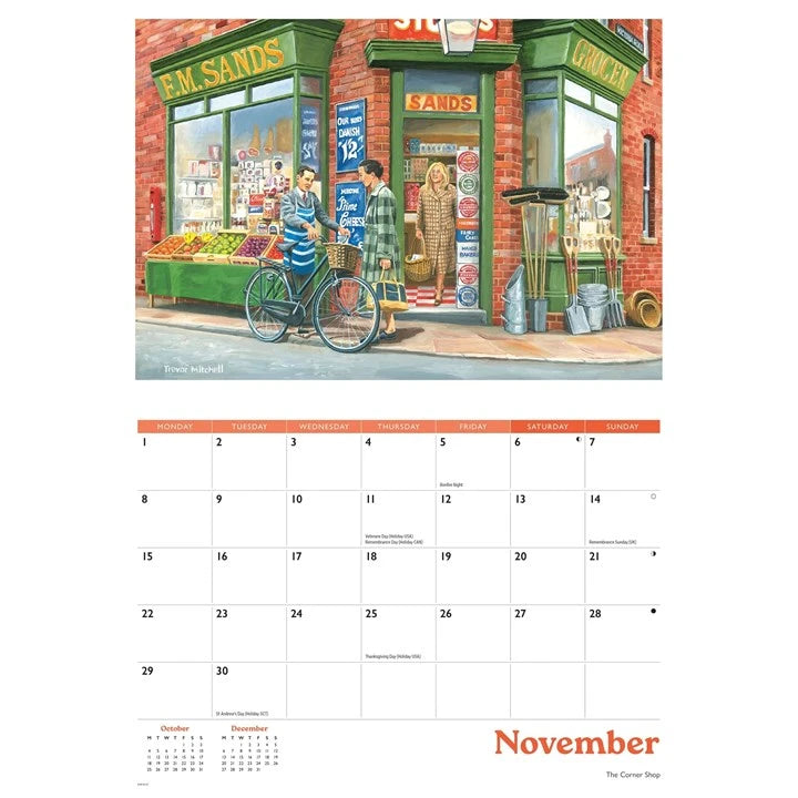 A printed calendar page featuring an illustrated storefront scene with a bicycle and two people in front of a brick shop, with a November calendar grid below on a white background.