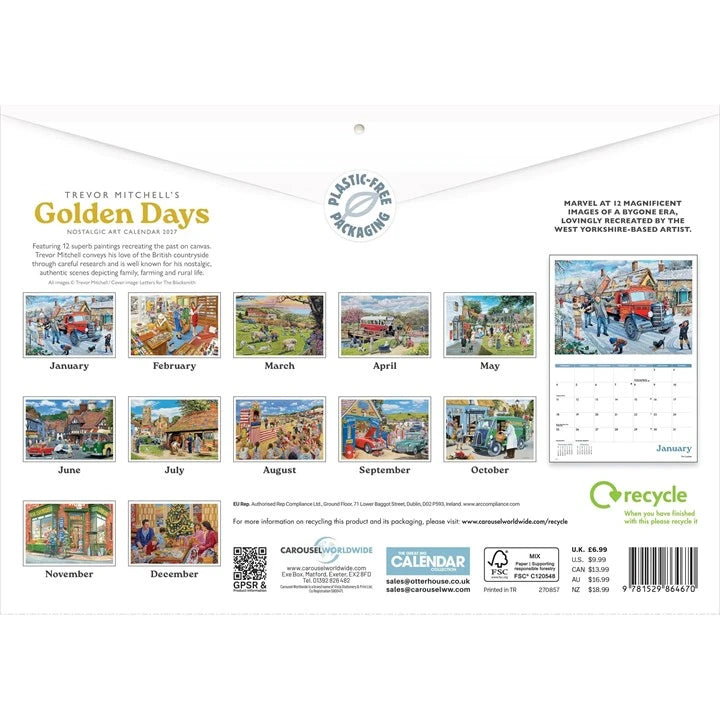 Back cover of a Trevor Mitchell's Golden Days 2027 art calendar, showing a grid of colourful monthly paintings, a January calendar page, recycling information, and product details on a white background.